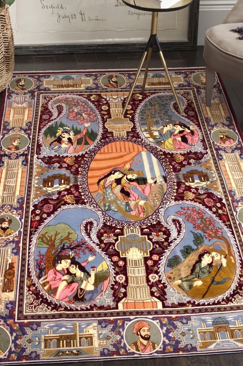 Isfahan Pictorial Medallion Burgundy, Isfahan, Iran persian rug, in burgundy, Pure Silk, 122 × 268 cm (4'0" × 8'10"), Nasim Carpets Malaysia — view 2
