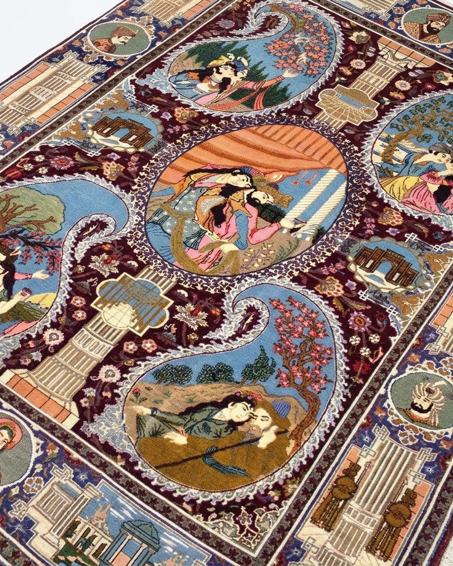 Isfahan Pictorial Medallion Burgundy, Isfahan, Iran persian rug, in burgundy, Pure Silk, 122 × 268 cm (4'0" × 8'10"), Nasim Carpets Malaysia — view 3