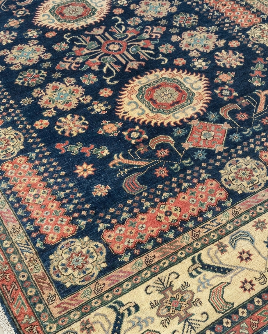 Afghan Kazak Medallion Navy, Afghanistan (Chobi-Kazak tradition) tribal rug, in navy blue, Wool, 244 × 299 cm (8'0" × 9'10"), Nasim Carpets Malaysia — view 3