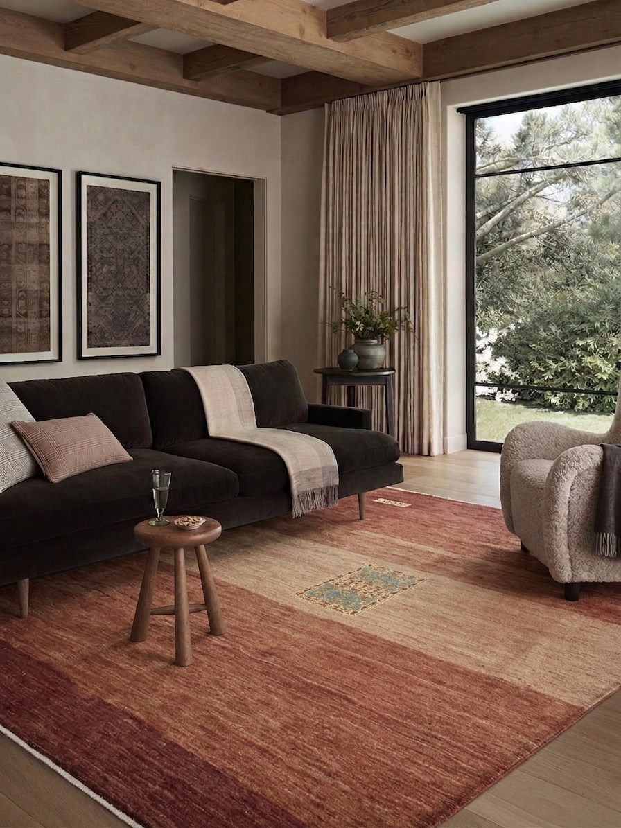 Gabbeh Minimalist Medallion Rust, Fars Province, Iran modern rug, in terracotta rust, Wool, 244 × 317 cm (8'0" × 10'5"), Nasim Carpets Malaysia — view 2