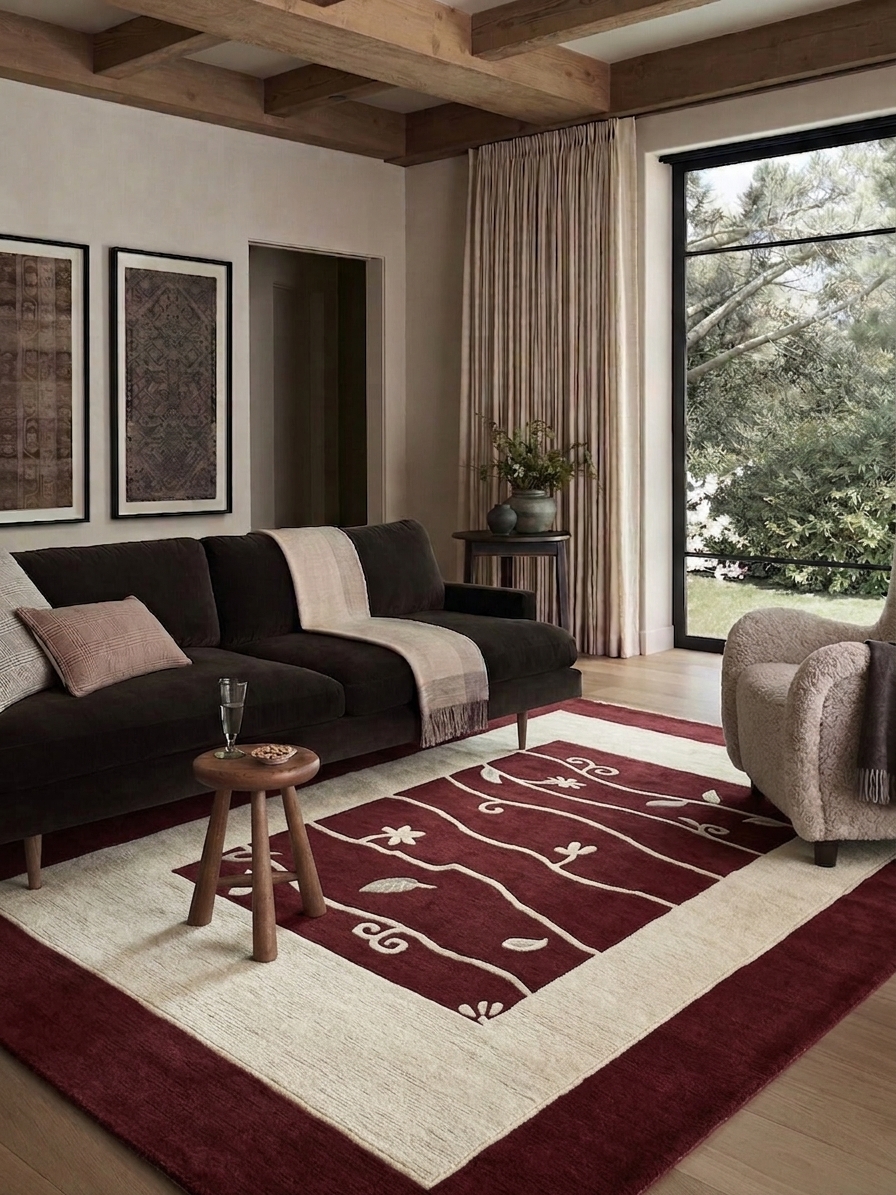 Tibetan Vine Scroll Burgundy, Nepal modern rug, in burgundy, Wool, 171 × 259 cm (5'7" × 8'6"), Nasim Carpets Malaysia — view 2