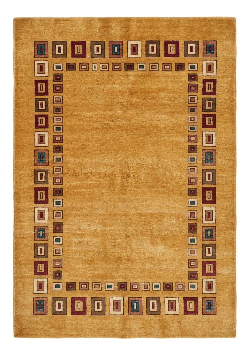 Gabbeh Geometric Border Gold, Fars Province, Iran modern rug, in golden ochre, Wool, 180 × 244 cm (5'11" × 8'0"), Nasim Carpets Malaysia — view 1