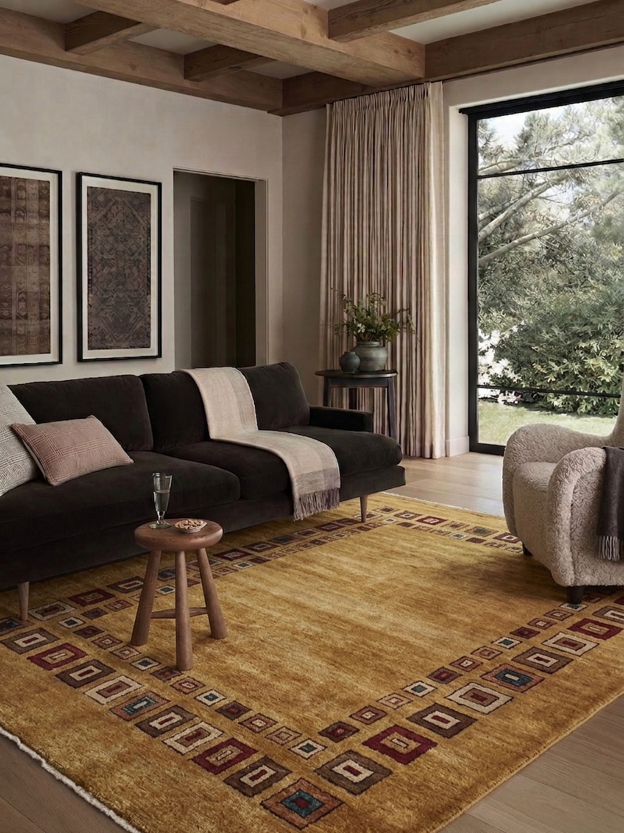 Gabbeh Geometric Border Gold, Fars Province, Iran modern rug, in golden ochre, Wool, 180 × 244 cm (5'11" × 8'0"), Nasim Carpets Malaysia — view 2