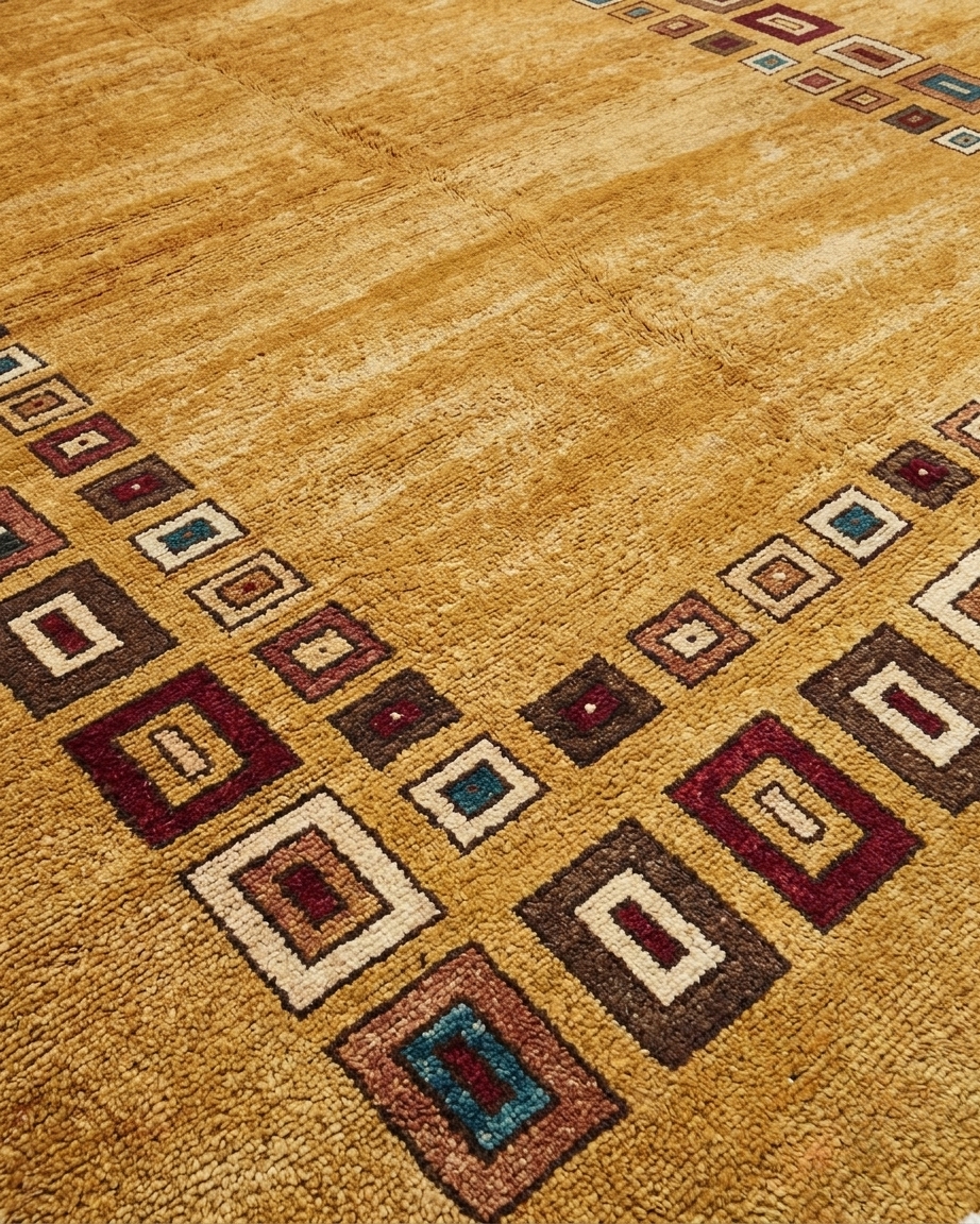 Gabbeh Geometric Border Gold, Fars Province, Iran modern rug, in golden ochre, Wool, 180 × 244 cm (5'11" × 8'0"), Nasim Carpets Malaysia — view 3