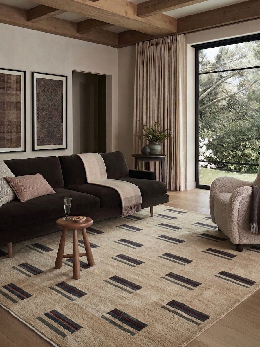 Gabbeh Stripe Grid Sand, Fars Province, Iran modern rug, in sand, Wool, 183 × 244 cm (6'0" × 8'0"), Nasim Carpets Malaysia — view 2