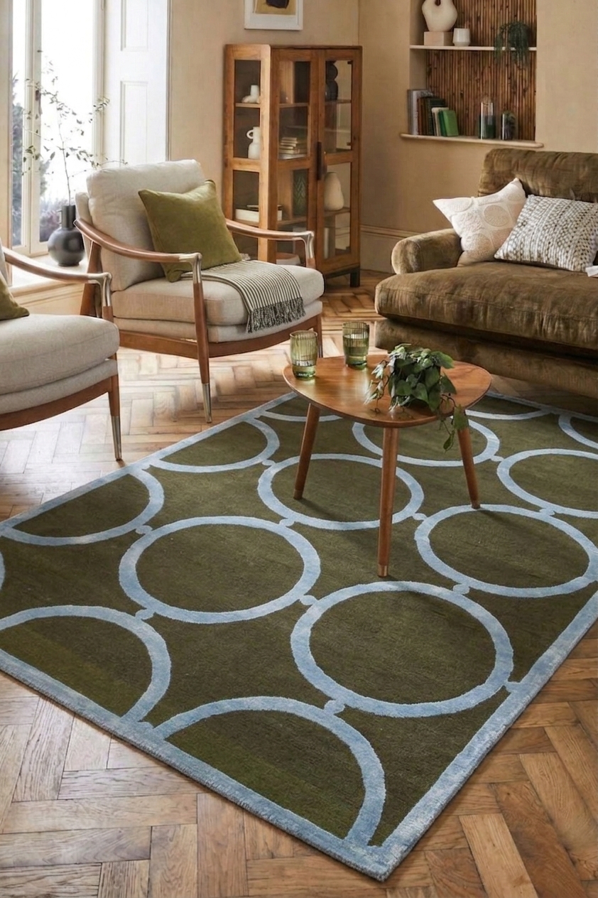 India Modern Circle Olive, Bhadohi, India modern rug, in olive green, Bamboo Silk, 122 × 183 cm (4'0" × 6'0"), Nasim Carpets Malaysia — view 2