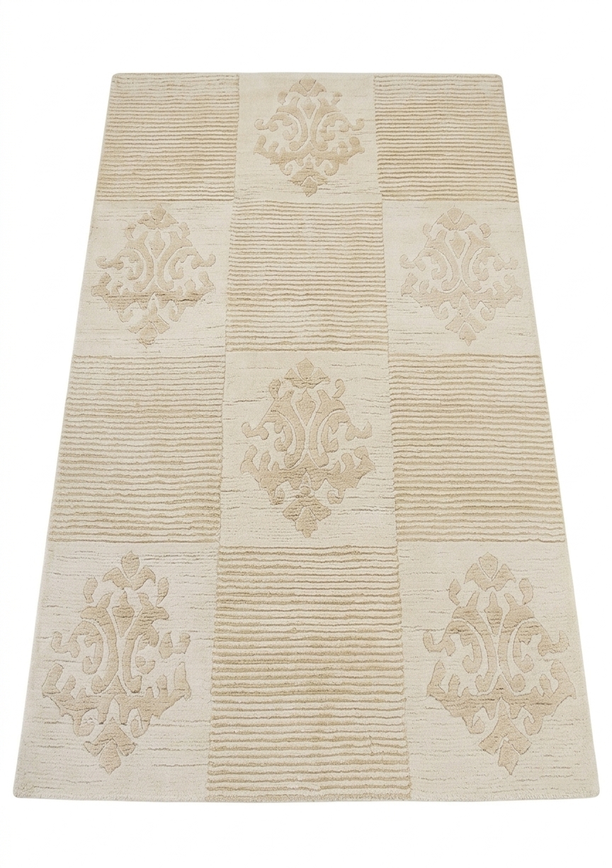 Tibetan Damask Medallion Ivory, Nepal modern rug, in ivory, Wool & Pure Silk, 91 × 152 cm (3'0" × 5'0"), Nasim Carpets Malaysia — view 1