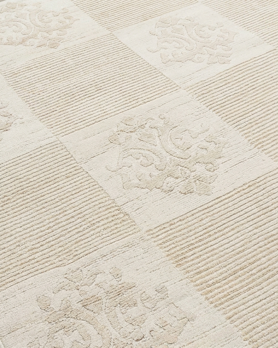 Tibetan Damask Medallion Ivory, Nepal modern rug, in ivory, Wool & Pure Silk, 91 × 152 cm (3'0" × 5'0"), Nasim Carpets Malaysia — view 3
