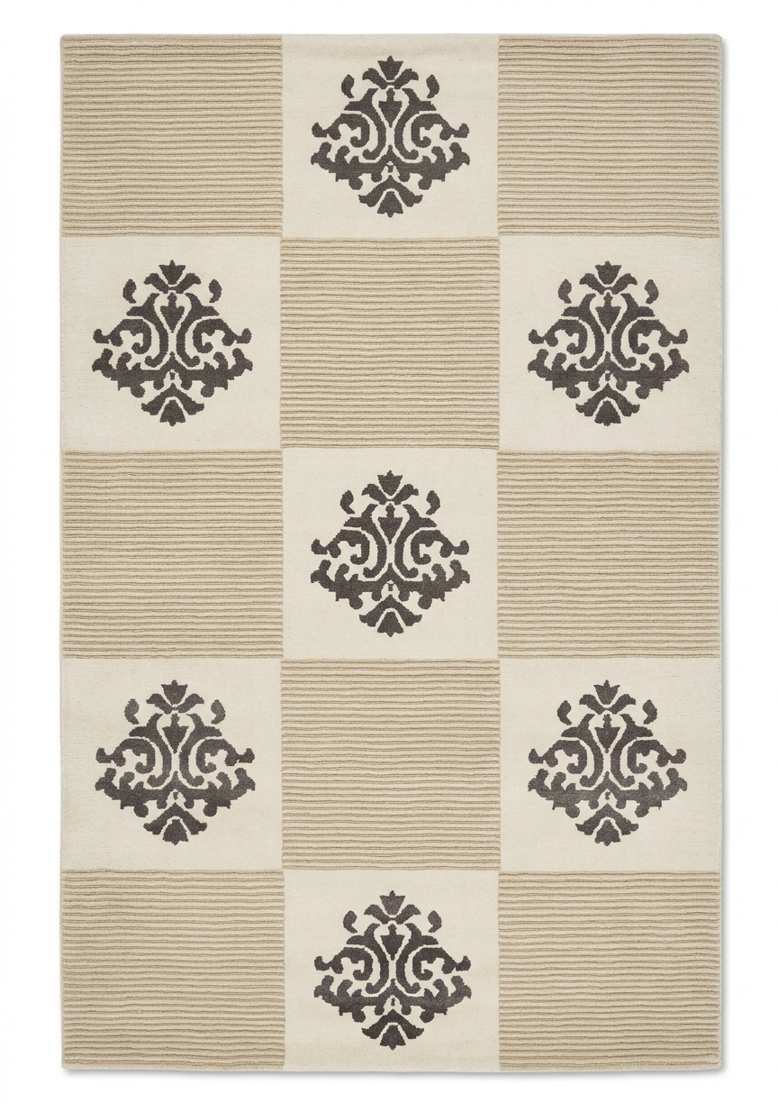 Tibetan Damask Checkerboard Ivory, Nepal modern rug, in ivory, Wool & Pure Silk, 91 × 152 cm (3'0" × 5'0"), Nasim Carpets Malaysia — view 1