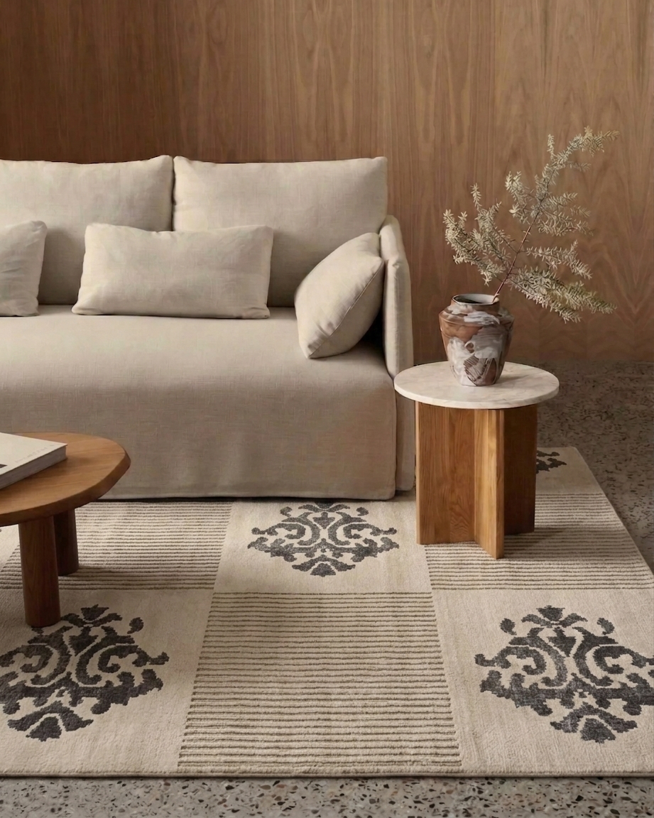 Tibetan Damask Checkerboard Ivory, Nepal modern rug, in ivory, Wool & Pure Silk, 91 × 152 cm (3'0" × 5'0"), Nasim Carpets Malaysia — view 2