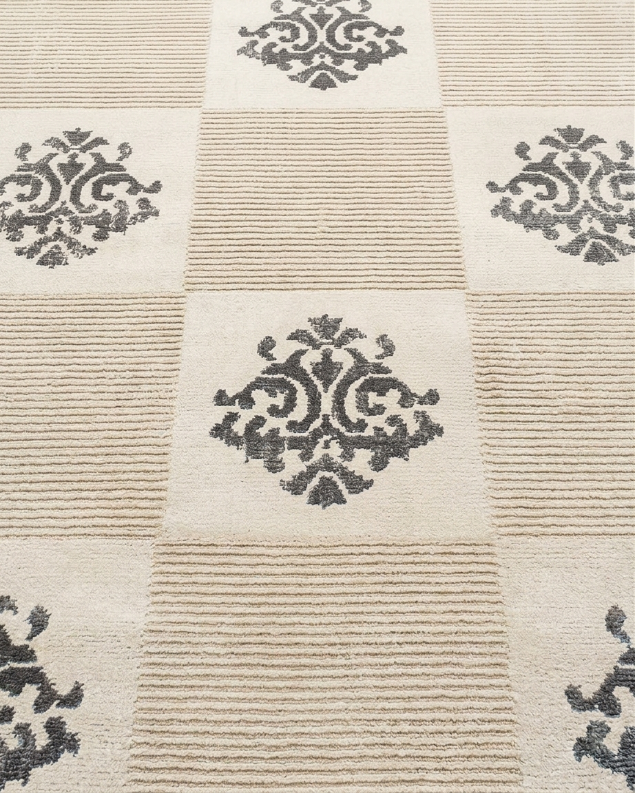 Tibetan Damask Checkerboard Ivory, Nepal modern rug, in ivory, Wool & Pure Silk, 91 × 152 cm (3'0" × 5'0"), Nasim Carpets Malaysia — view 3