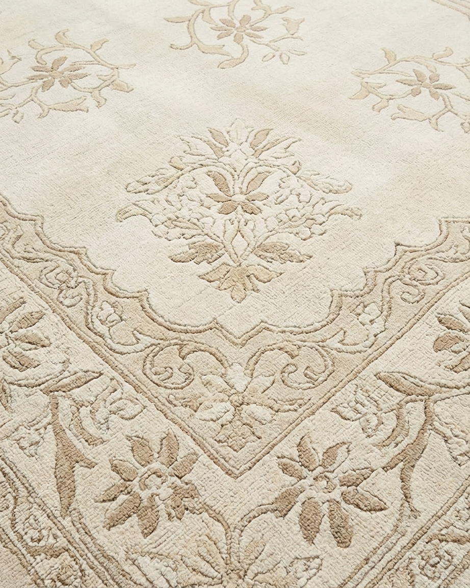 Close-up detail of handmade rug fibres showing texture and quality