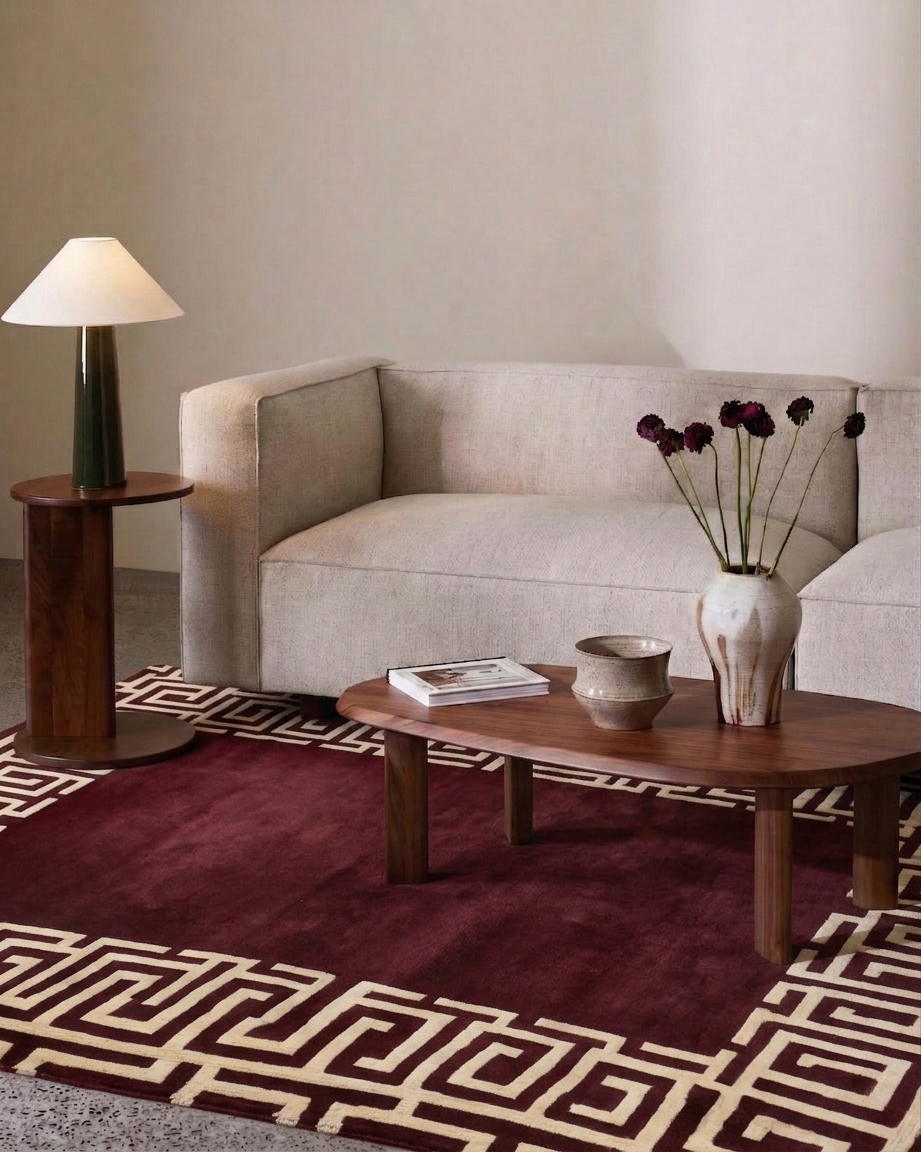 Tibetan Greek Key Burgundy, Nepal modern rug, in red, Wool & Pure Silk, 152 × 216 cm (5'0" × 7'1"), Nasim Carpets Malaysia — view 2