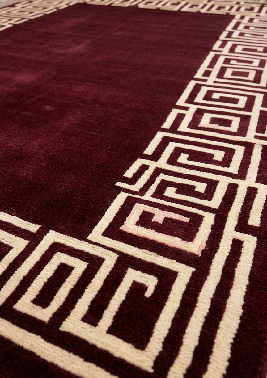 Tibetan Greek Key Burgundy, Nepal modern rug, in red, Wool & Pure Silk, 152 × 216 cm (5'0" × 7'1"), Nasim Carpets Malaysia — view 3