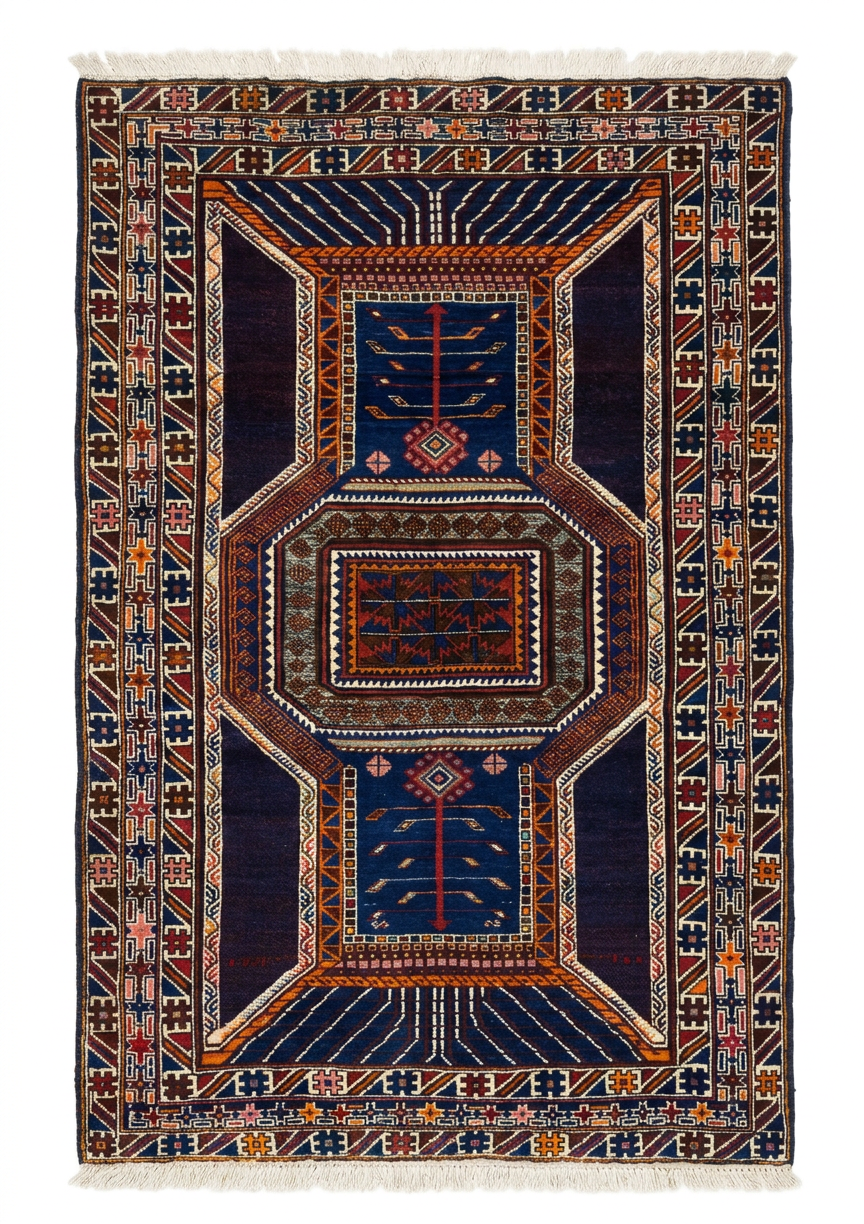 Shirvan Tree of Life Navy, Shirvan tribal rug, in navy blue, Wool, 121 × 182 cm (4'0" × 6'0"), Nasim Carpets Malaysia — view 1