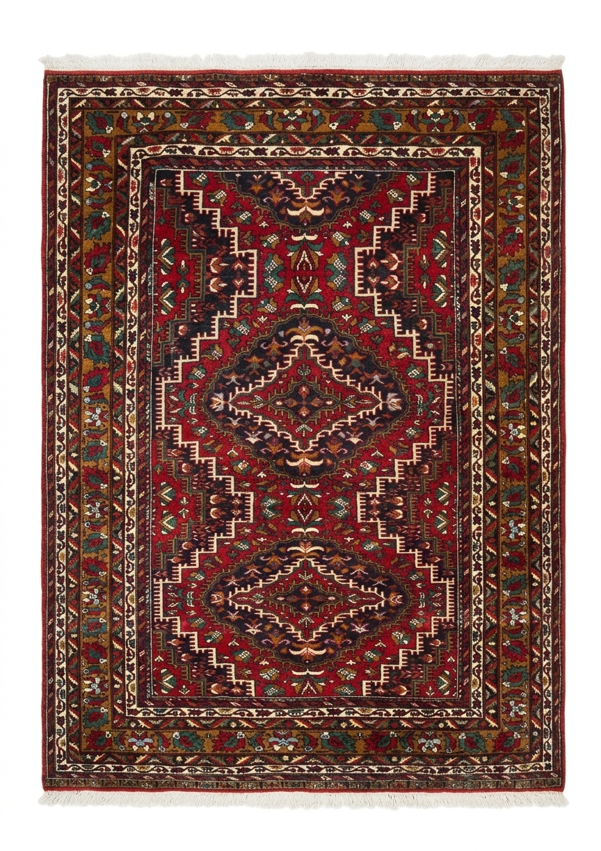 Qashqai Stepped Diamond Medallion Crimson, Iran tribal rug, in crimson red, Wool, 121 × 182 cm (4'0" × 6'0"), Nasim Carpets Malaysia — view 1