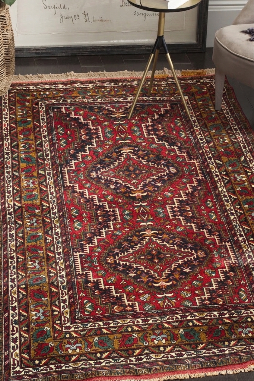 Qashqai Stepped Diamond Medallion Crimson, Iran tribal rug, in crimson red, Wool, 121 × 182 cm (4'0" × 6'0"), Nasim Carpets Malaysia — view 2