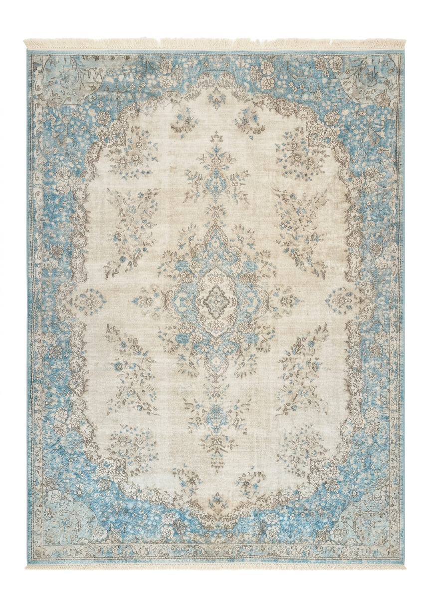 Kerman Medallion Ice Blue, Kerman persian rug, in ice blue, Wool, 243 × 304 cm (8'0" × 10'0"), Nasim Carpets Malaysia — view 1