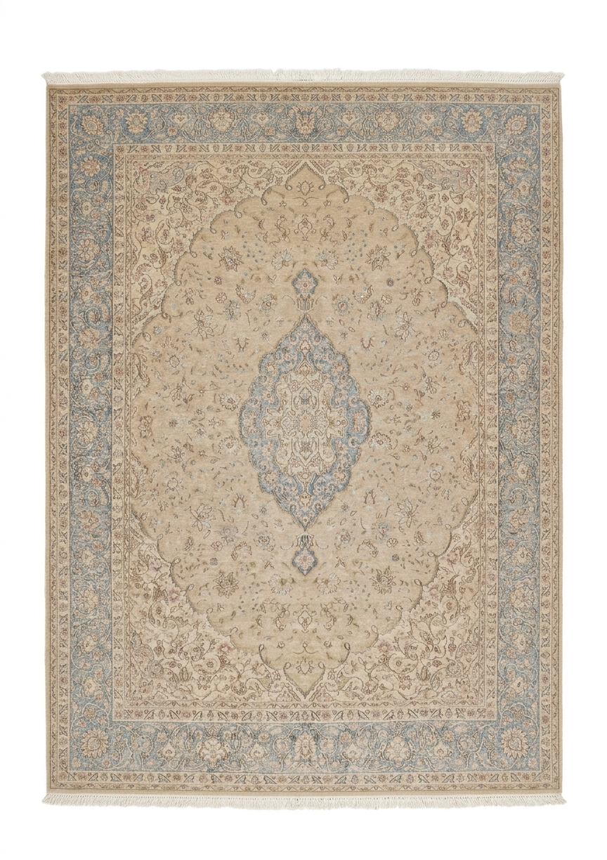 Tabriz Medallion Soft Beige, Tabriz persian rug, in soft beige, Wool, 299 × 369 cm (9'10" × 12'1"), Nasim Carpets Malaysia — view 1