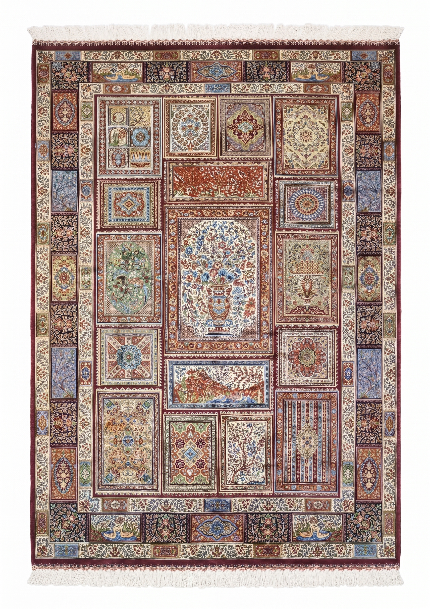 Qum Compartmental Garden Burgundy, Qum, Iran bespoke rug, in burgundy, Bamboo Silk, 91 × 152 cm (3'0" × 5'0"), Nasim Carpets Malaysia — view 1
