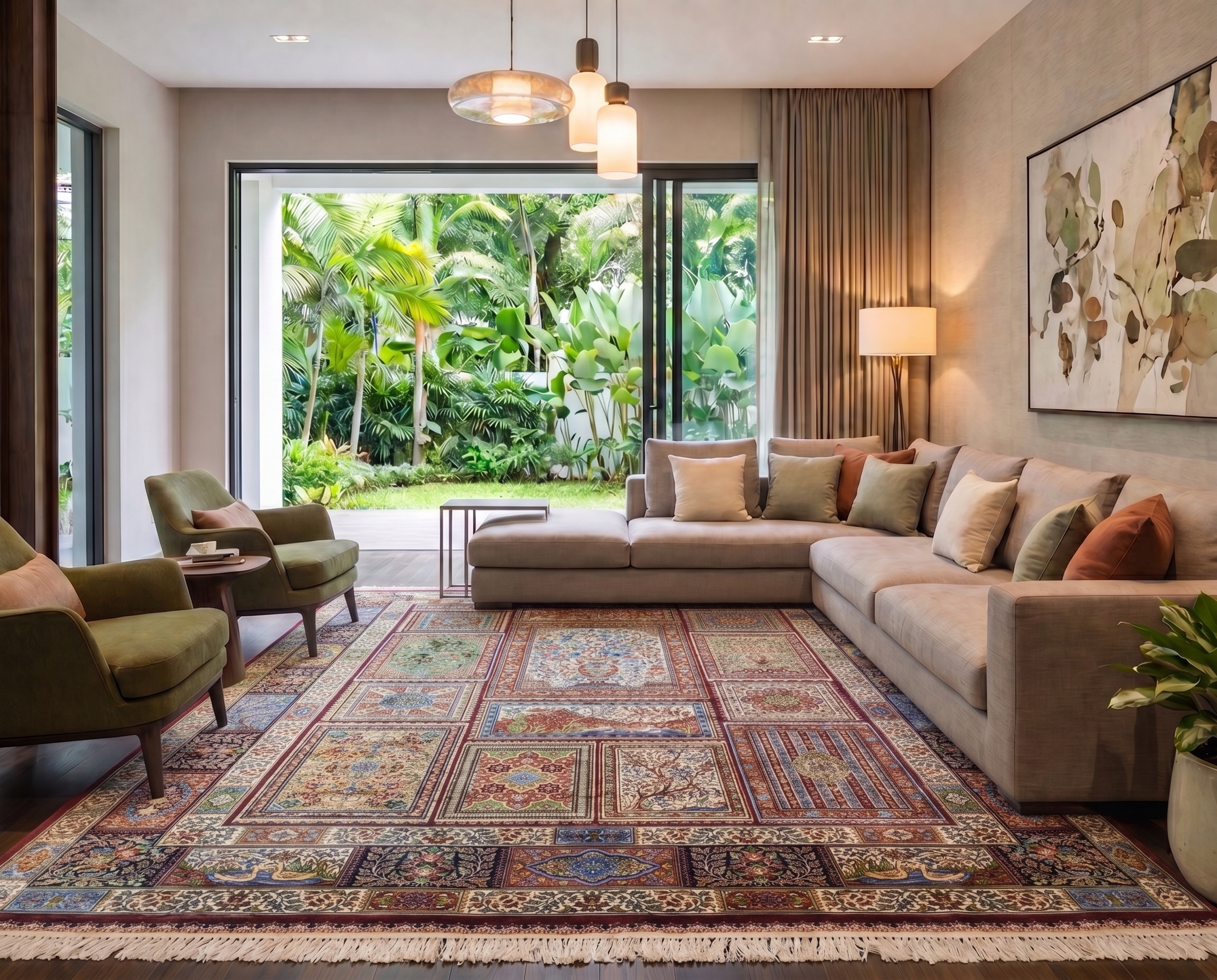 Qum Compartmental Garden Burgundy, Qum, Iran bespoke rug, in burgundy, Bamboo Silk, 91 × 152 cm (3'0" × 5'0"), Nasim Carpets Malaysia — view 2