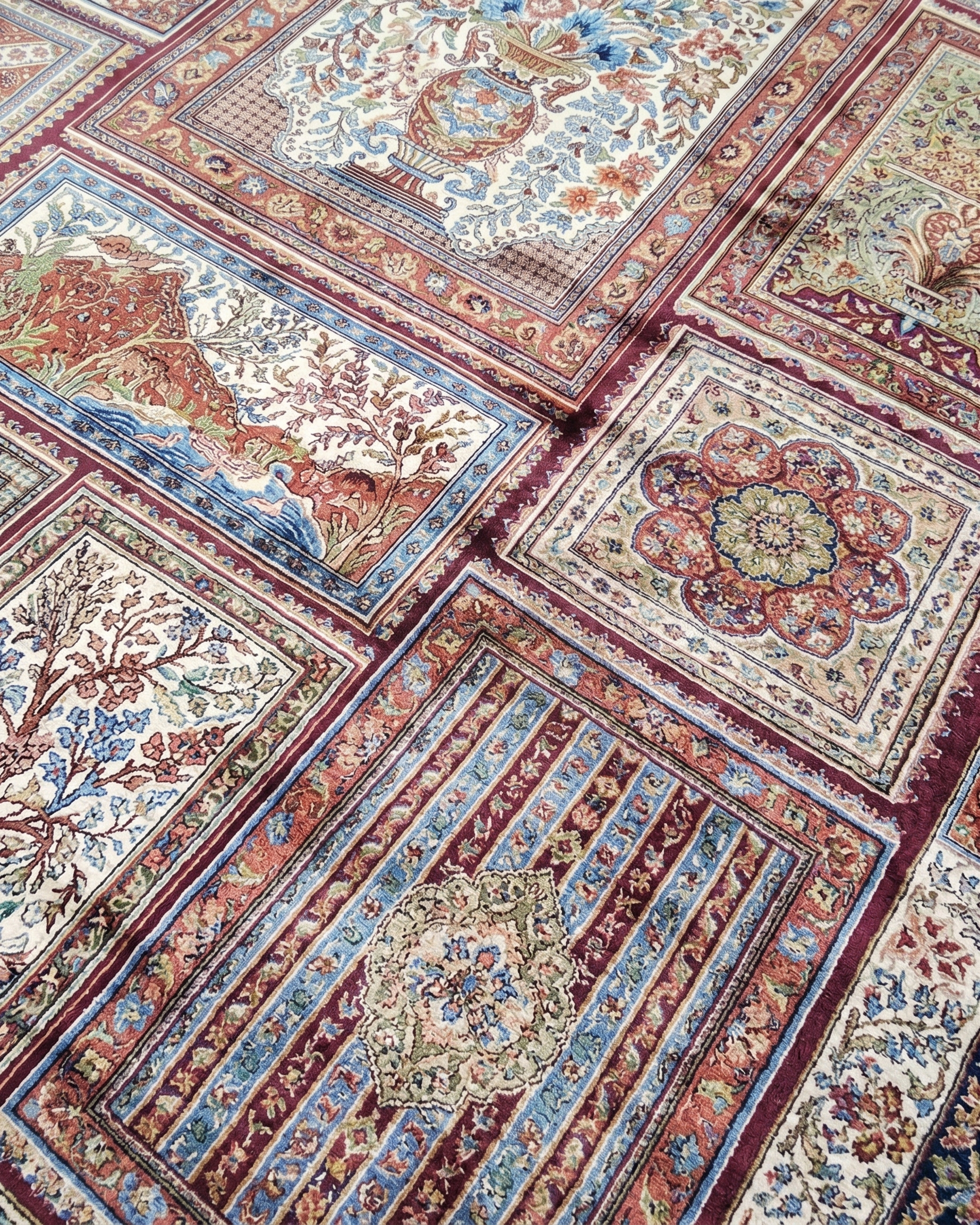 Qum Compartmental Garden Burgundy, Qum, Iran bespoke rug, in burgundy, Bamboo Silk, 91 × 152 cm (3'0" × 5'0"), Nasim Carpets Malaysia — view 3