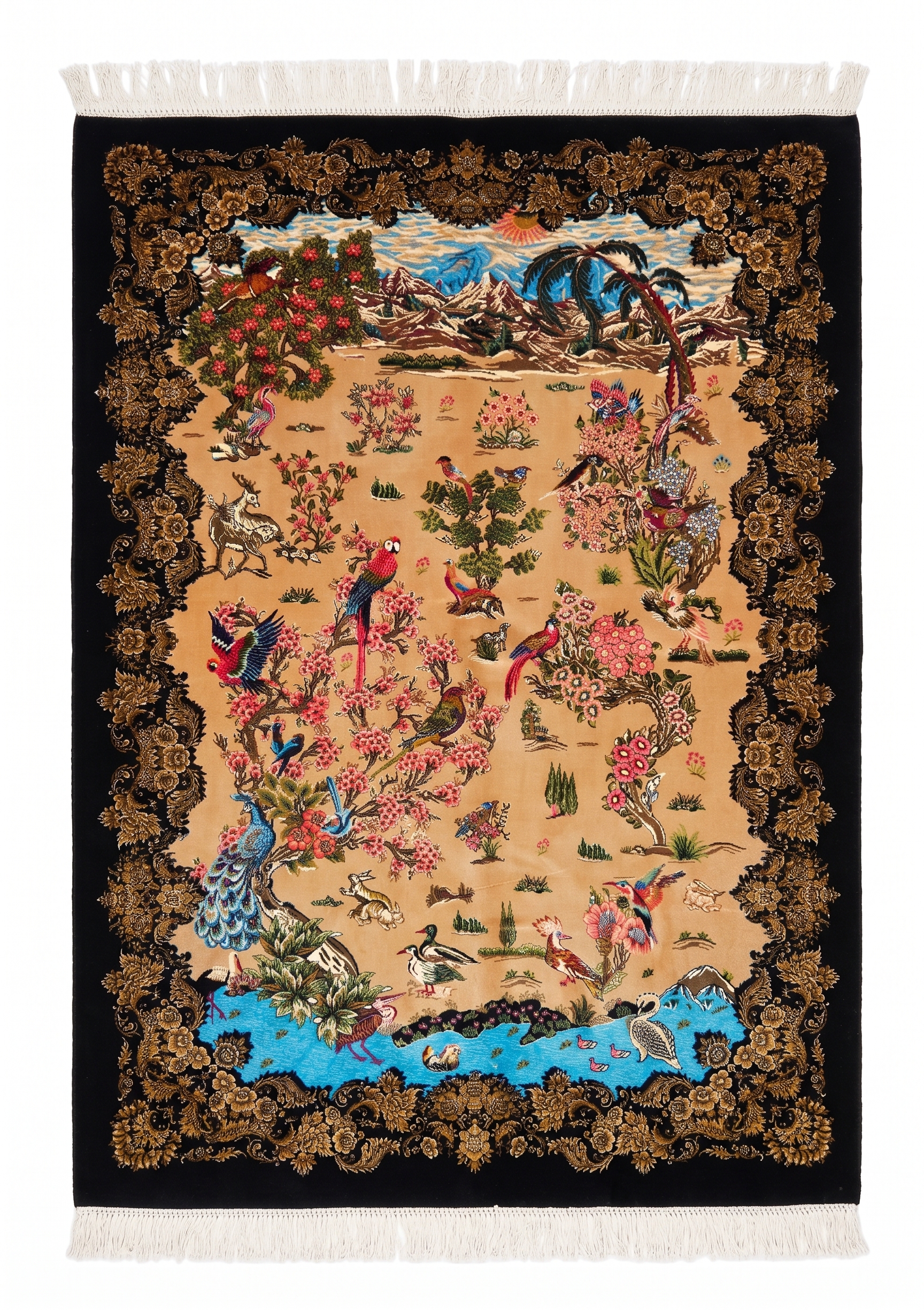 Qom Tree of Life Ebony, Qom, Iran bespoke rug, in camel, Bamboo Silk, 91 × 152 cm (3'0" × 5'0"), Nasim Carpets Malaysia — view 1