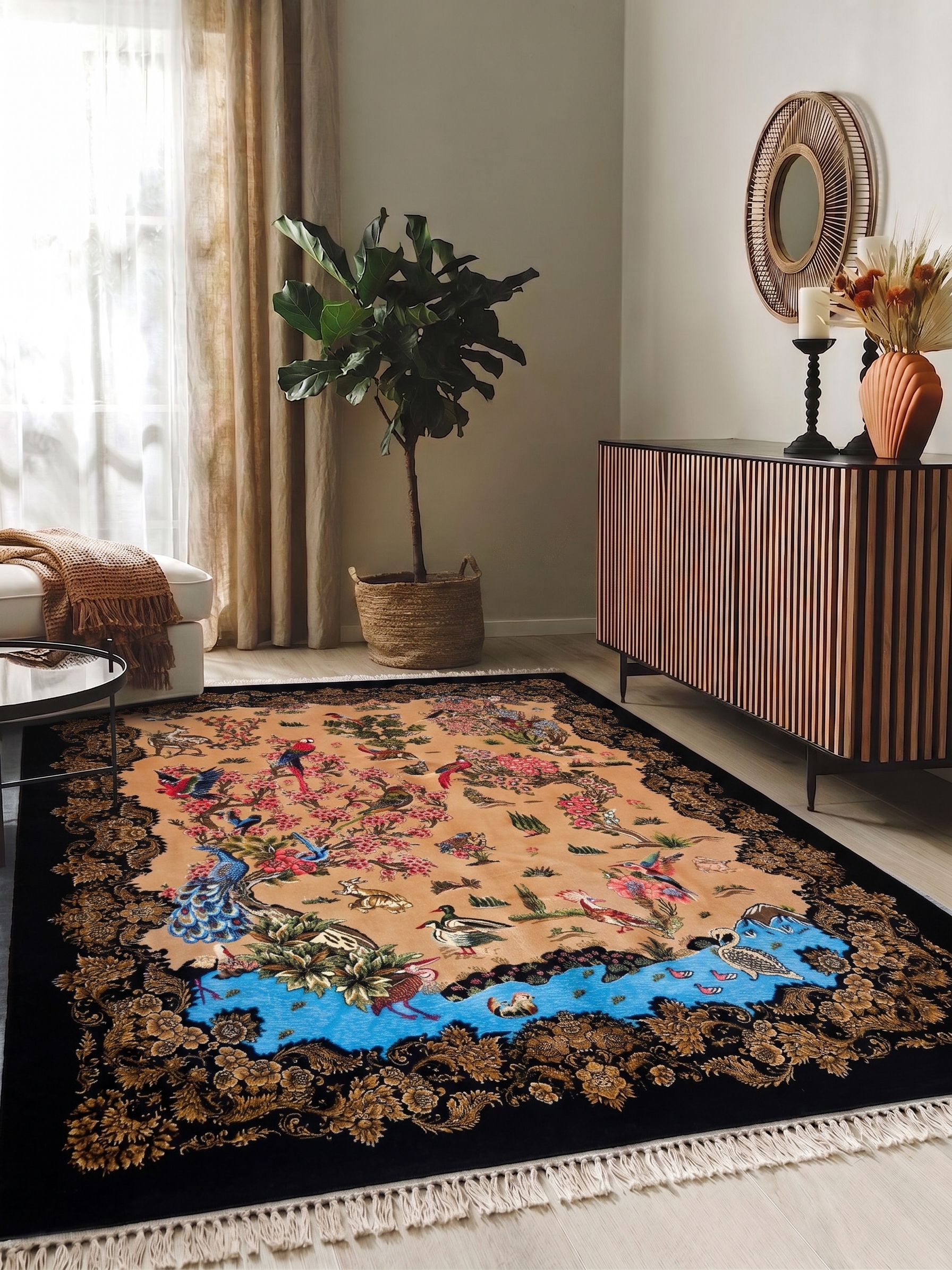 Qom Tree of Life Ebony, Qom, Iran bespoke rug, in camel, Bamboo Silk, 91 × 152 cm (3'0" × 5'0"), Nasim Carpets Malaysia — view 2