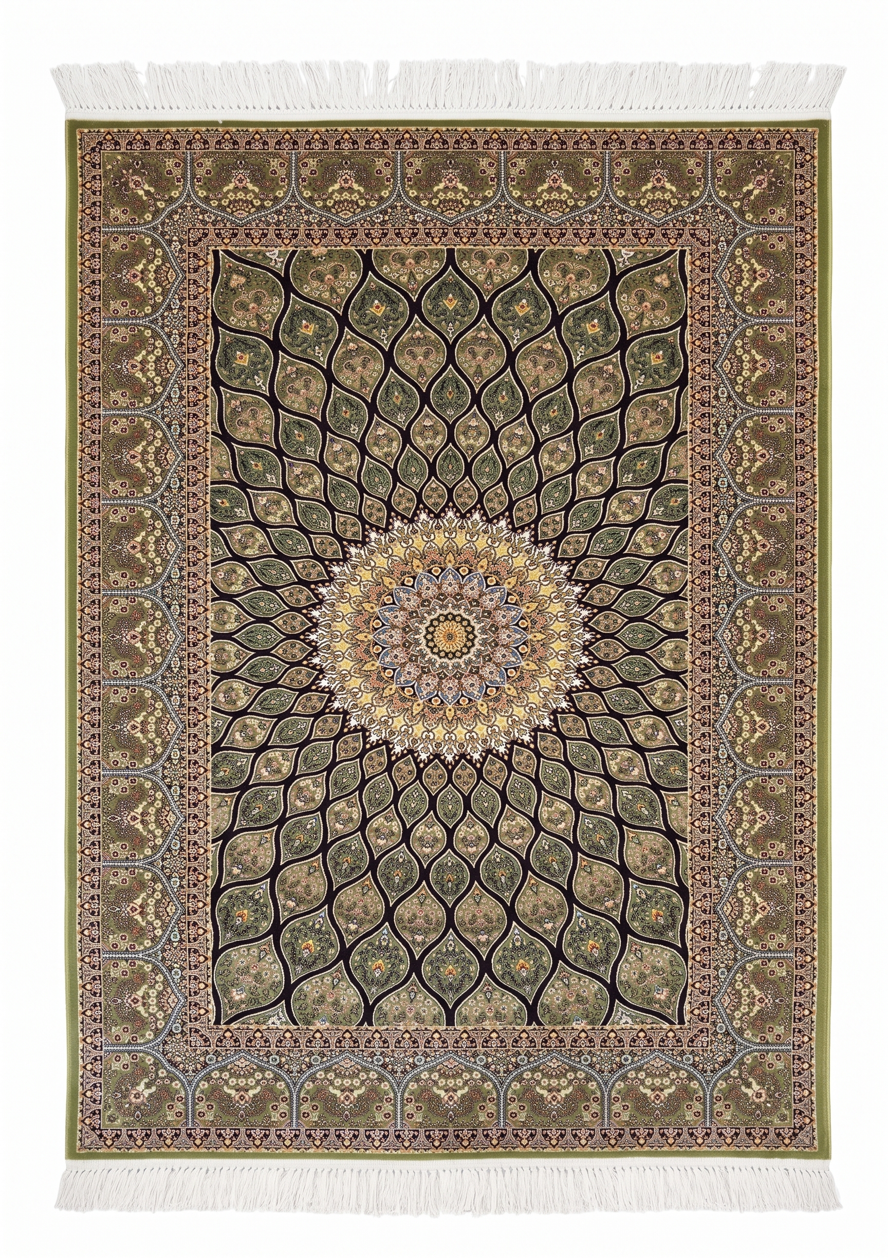 Qom Gonbad Olive, Qom, Iran bespoke rug, in olive green, Bamboo Silk, 91 × 152 cm (3'0" × 5'0"), Nasim Carpets Malaysia — view 1