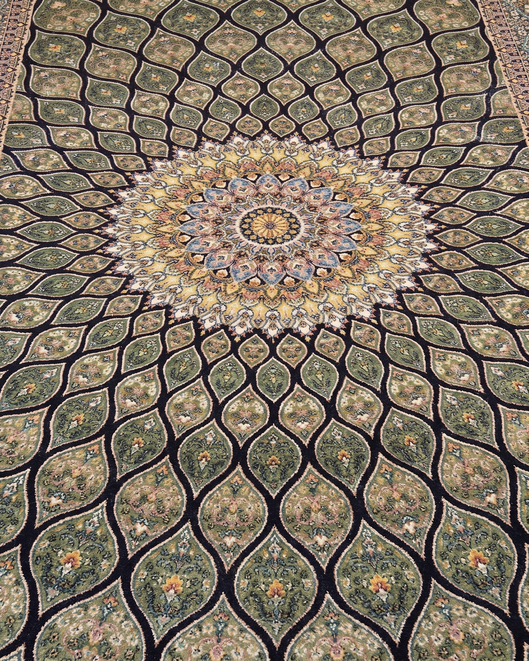 Qom Gonbad Olive, Qom, Iran bespoke rug, in olive green, Bamboo Silk, 91 × 152 cm (3'0" × 5'0"), Nasim Carpets Malaysia — view 3