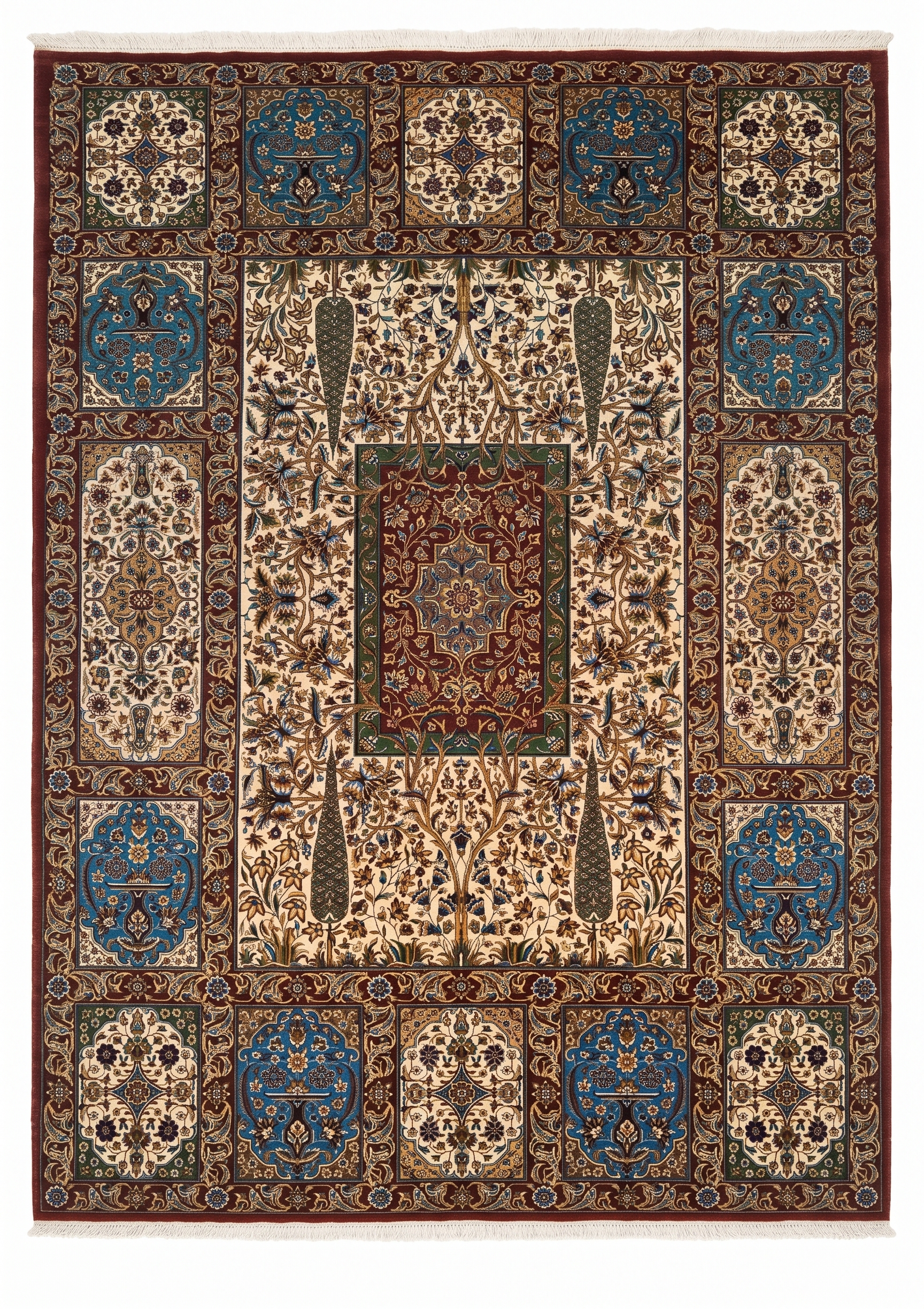 Bakhtiari Compartment Garden Ivory, Bakhtiari, Iran bespoke rug, in ivory, Bamboo Silk, 91 × 152 cm (3'0" × 5'0"), Nasim Carpets Malaysia — view 1