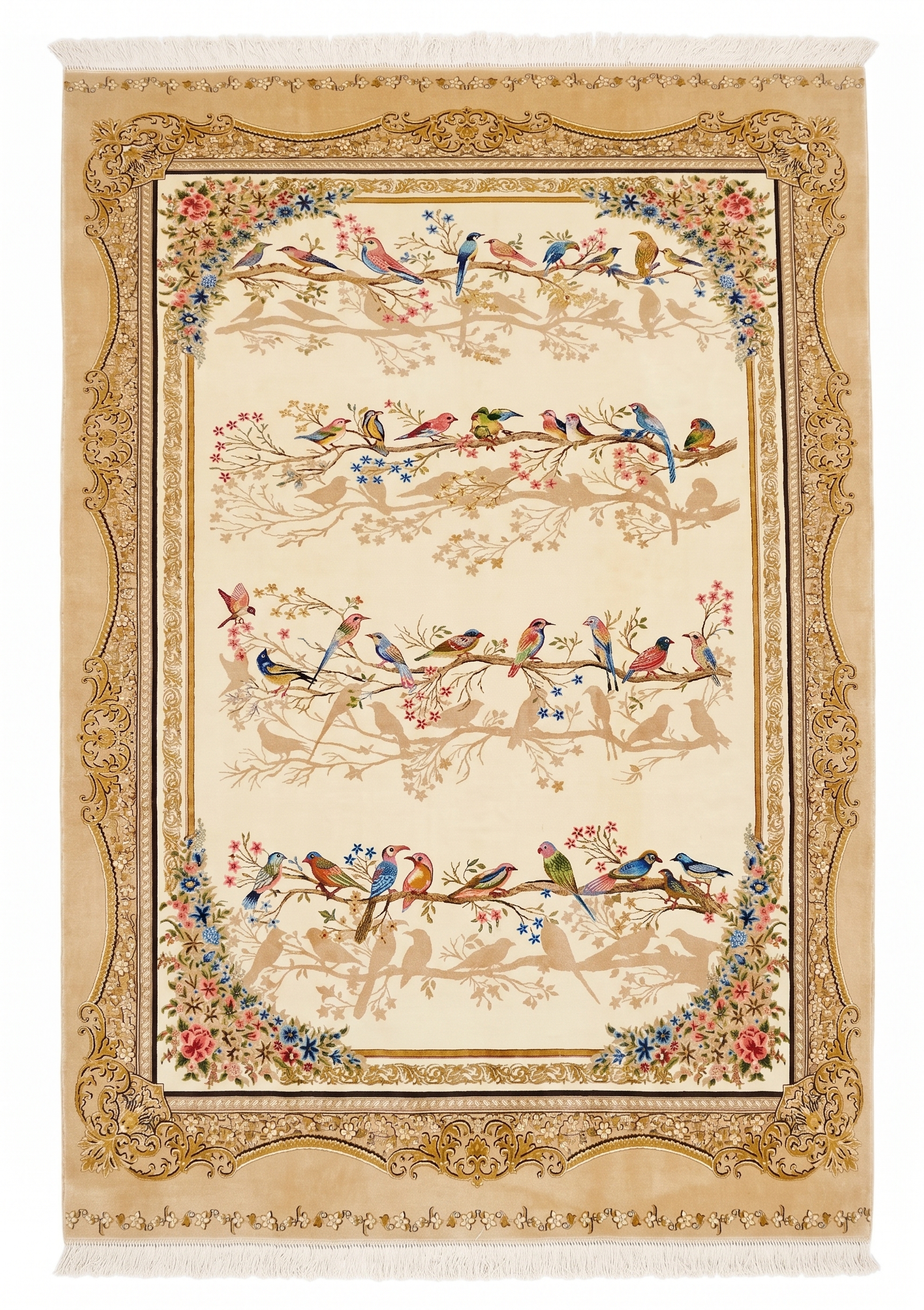 Qom Aviary Garden Ivory, Qom, Iran bespoke rug, in ivory, Wool, 91 × 152 cm (3'0" × 5'0"), Nasim Carpets Malaysia — view 1