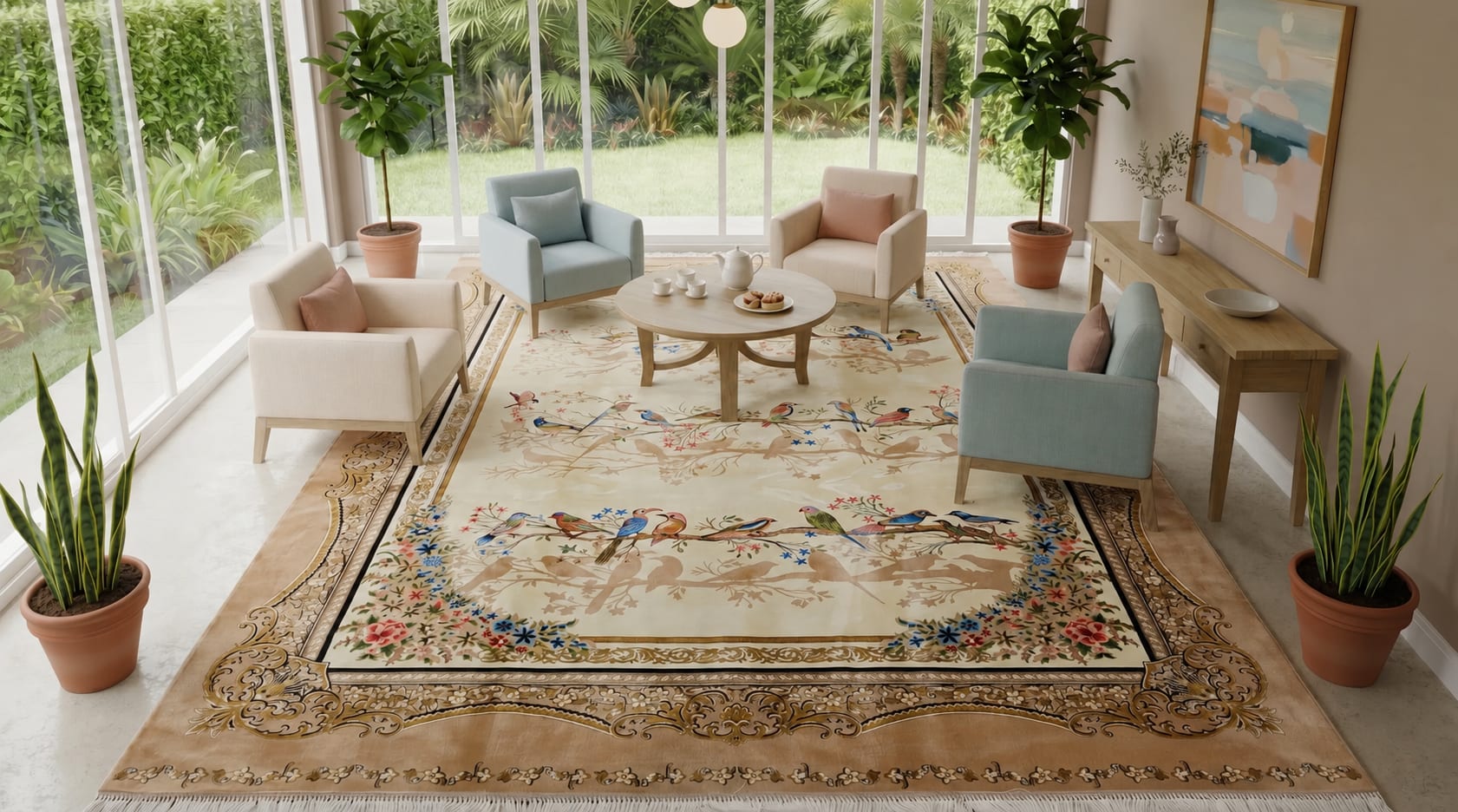 Qom Aviary Garden Ivory, Qom, Iran bespoke rug, in ivory, Wool, 91 × 152 cm (3'0" × 5'0"), Nasim Carpets Malaysia — view 2