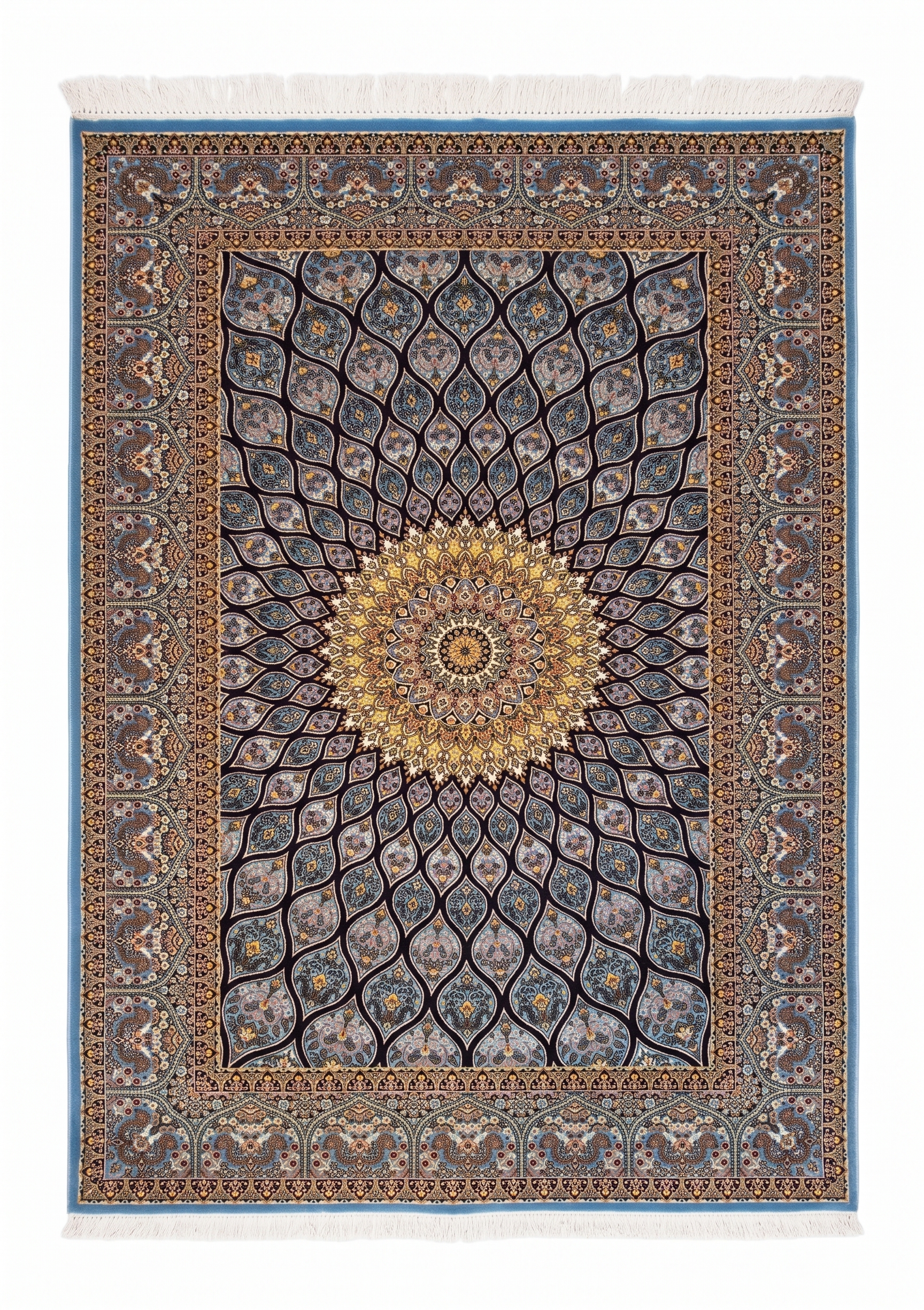 Isfahan Gonbad Blue, Isfahan, Iran bespoke rug, in cerulean blue, Bamboo Silk, 91 × 152 cm (3'0" × 5'0"), Nasim Carpets Malaysia — view 1