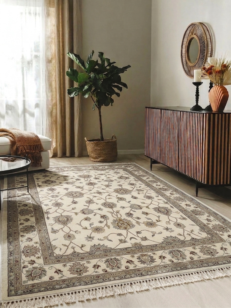 Tabriz Lattice Floral Ivory, Lahore, Pakistan persian rug, in ivory, Wool, 274 × 378 cm (9'0" × 12'5"), Nasim Carpets Malaysia — view 2