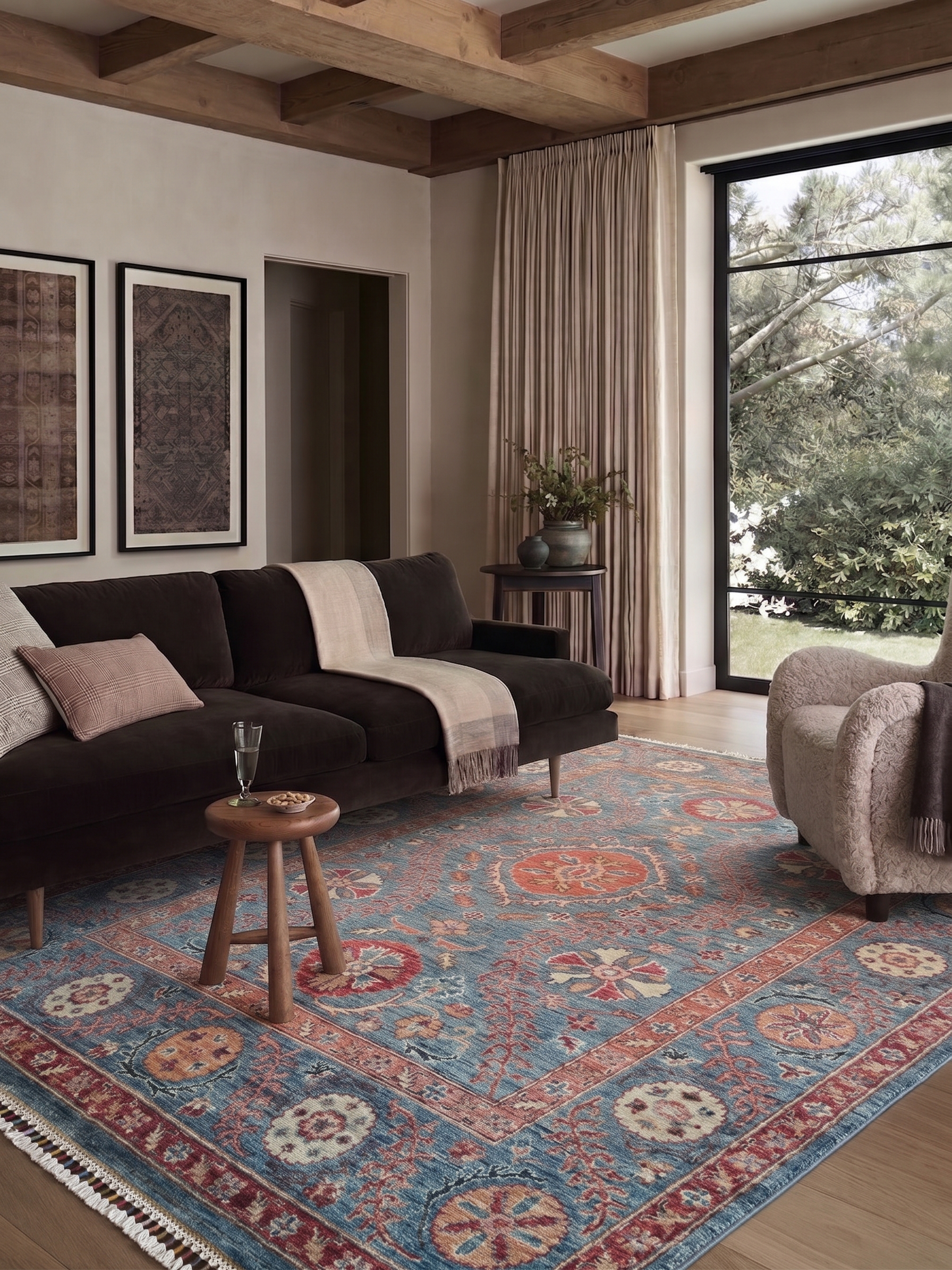 Mamluk Vase Floral Slate Blue, Peshawar, Pakistan (Chobi / Afghan-Mamluk tradition) tribal rug, in slate blue, Wool, 152 × 213 cm (5'0" × 7'0"), Nasim Carpets Malaysia — view 2