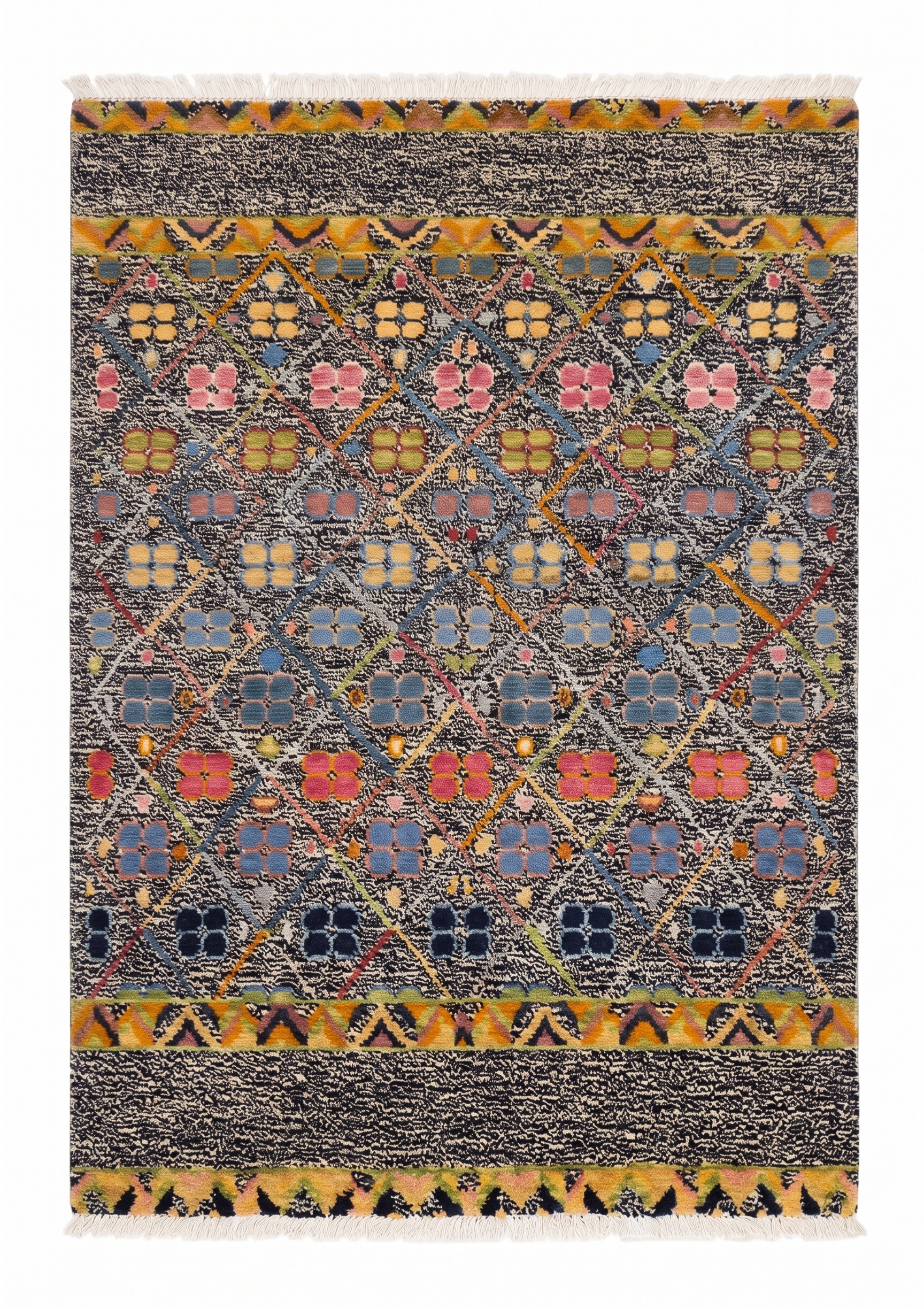 Gabbeh Lattice Floral Charcoal, Qashqai Tribal Region, Fars Province, Iran modern rug, in charcoal black, Wool, 122 × 183 cm (4'0" × 6'0"), Nasim Carpets Malaysia — view 1