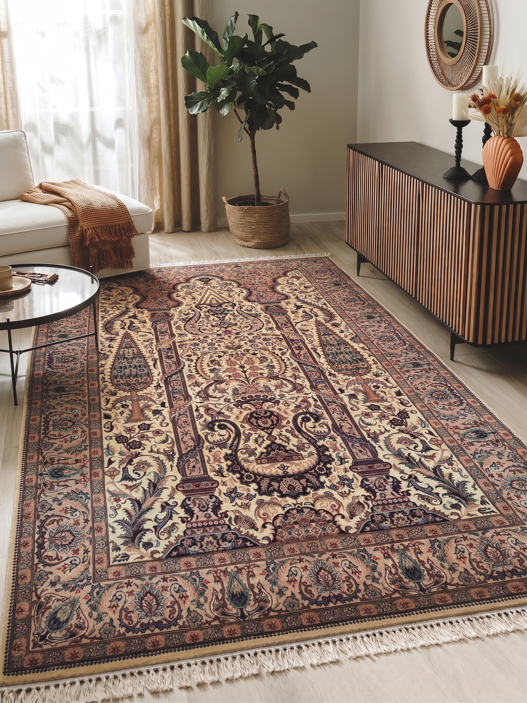 Pakistani Mihrab Tree of Life Ivory, Lahore, Pakistan persian rug, in antique ivory, Wool, 140 × 213 cm (4'7" × 7'0"), Nasim Carpets Malaysia — view 2