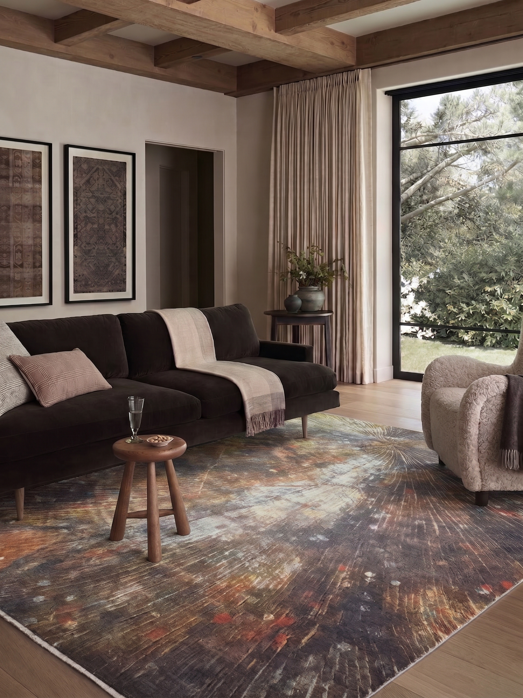 Contemporary Abstract Sunburst Umber, India (Indo-modern / art rug workshop) modern rug, in umber brown, Wool, 152 × 244 cm (5'0" × 8'0"), Nasim Carpets Malaysia — view 2
