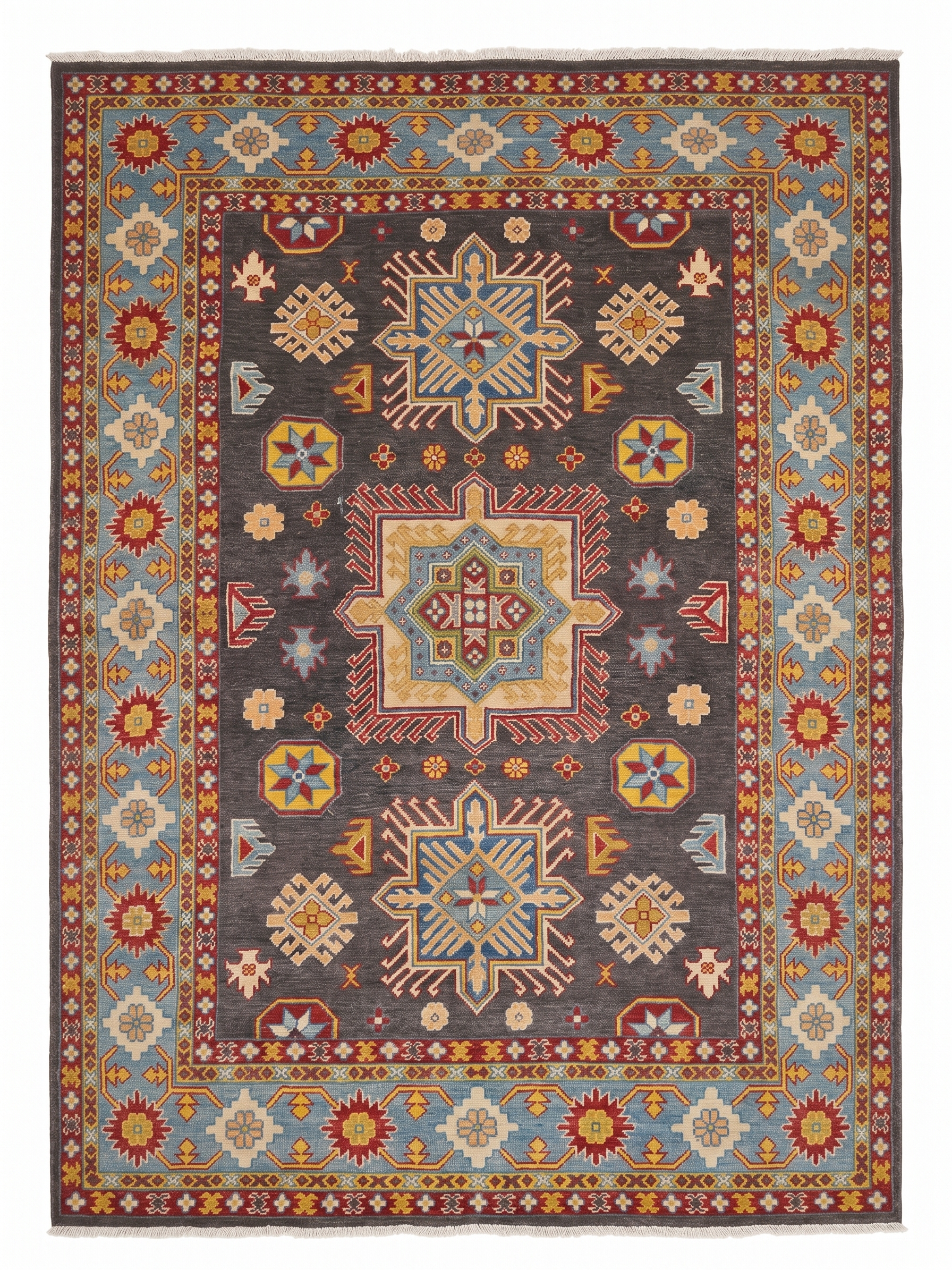 Kazak Medallion Charcoal, Caucasian-style, Afghan-Kazak (likely Kabul or Ghazni province, Afghanistan) tribal rug, in charcoal grey, Wool, 171 × 244 cm (5'7" × 8'0"), Nasim Carpets Malaysia — view 1