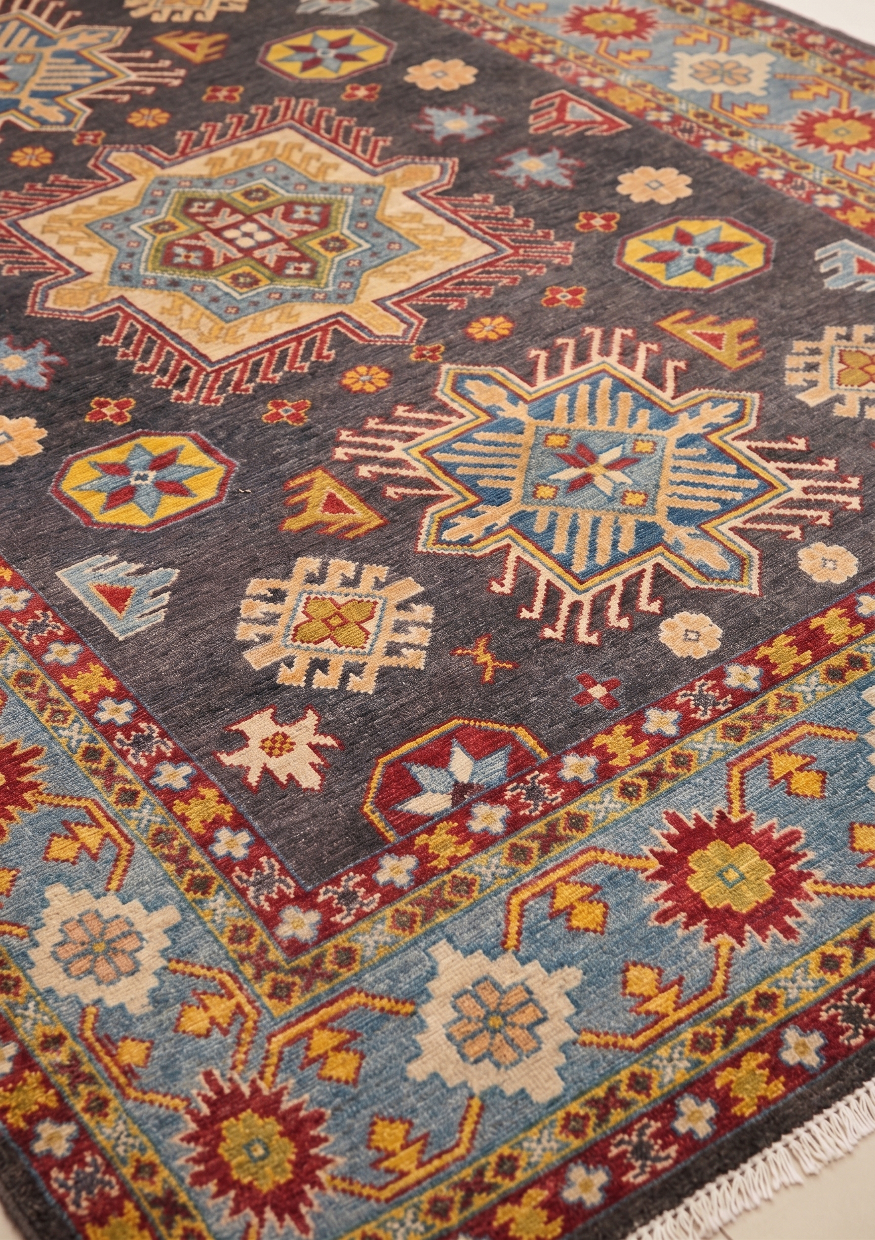 Kazak Medallion Charcoal, Caucasian-style, Afghan-Kazak (likely Kabul or Ghazni province, Afghanistan) tribal rug, in charcoal grey, Wool, 171 × 244 cm (5'7" × 8'0"), Nasim Carpets Malaysia — view 3
