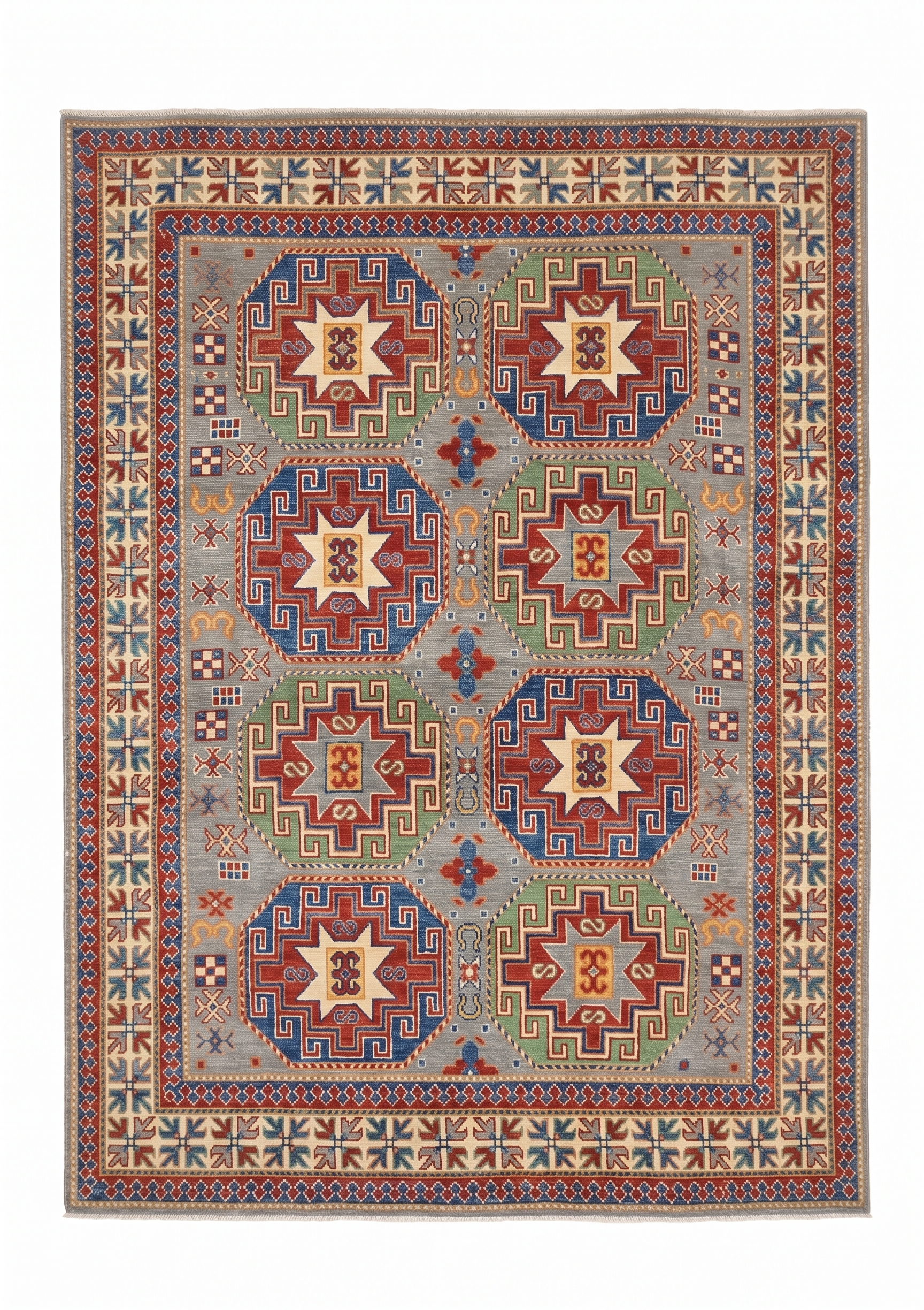 Kazak Medallion Star Grey, Caucasian Kazak, Afghanistan (revival weaving) tribal rug, in slate grey, Wool, 171 × 244 cm (5'7" × 8'0"), Nasim Carpets Malaysia — view 1
