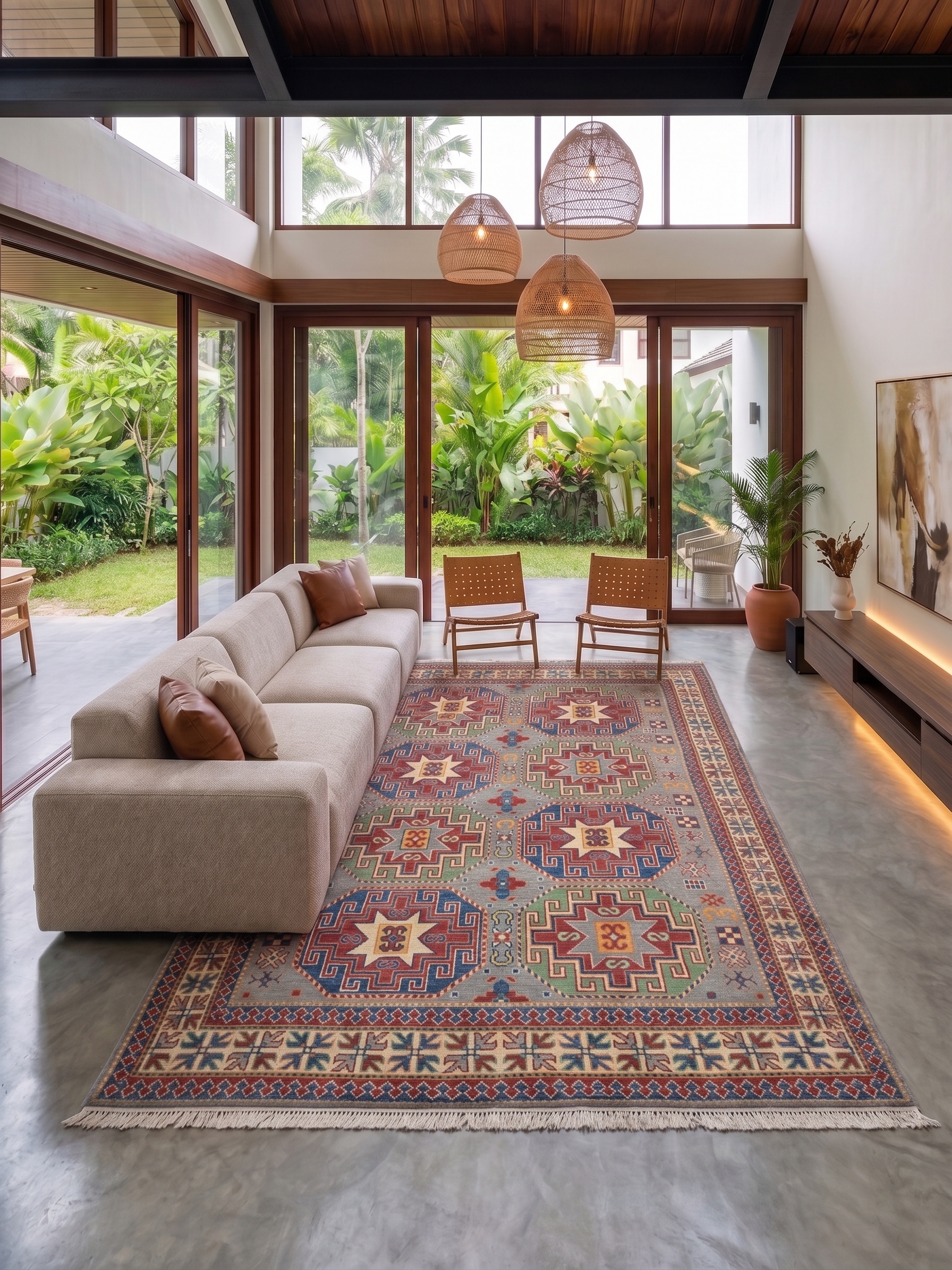Kazak Medallion Star Grey, Caucasian Kazak, Afghanistan (revival weaving) tribal rug, in slate grey, Wool, 171 × 244 cm (5'7" × 8'0"), Nasim Carpets Malaysia — view 2
