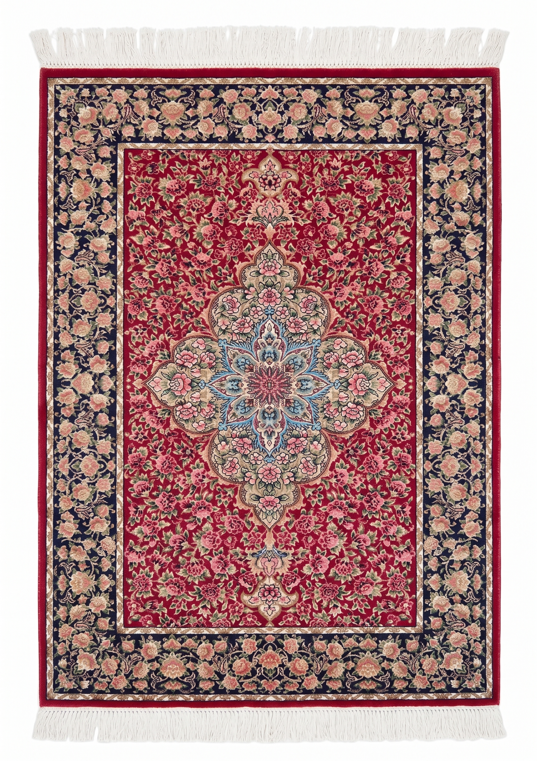 Qum Medallion Floral Crimson, Qum (Qom), Iran bespoke rug, in crimson red, Jute, 91 × 152 cm (3'0" × 5'0"), Nasim Carpets Malaysia
