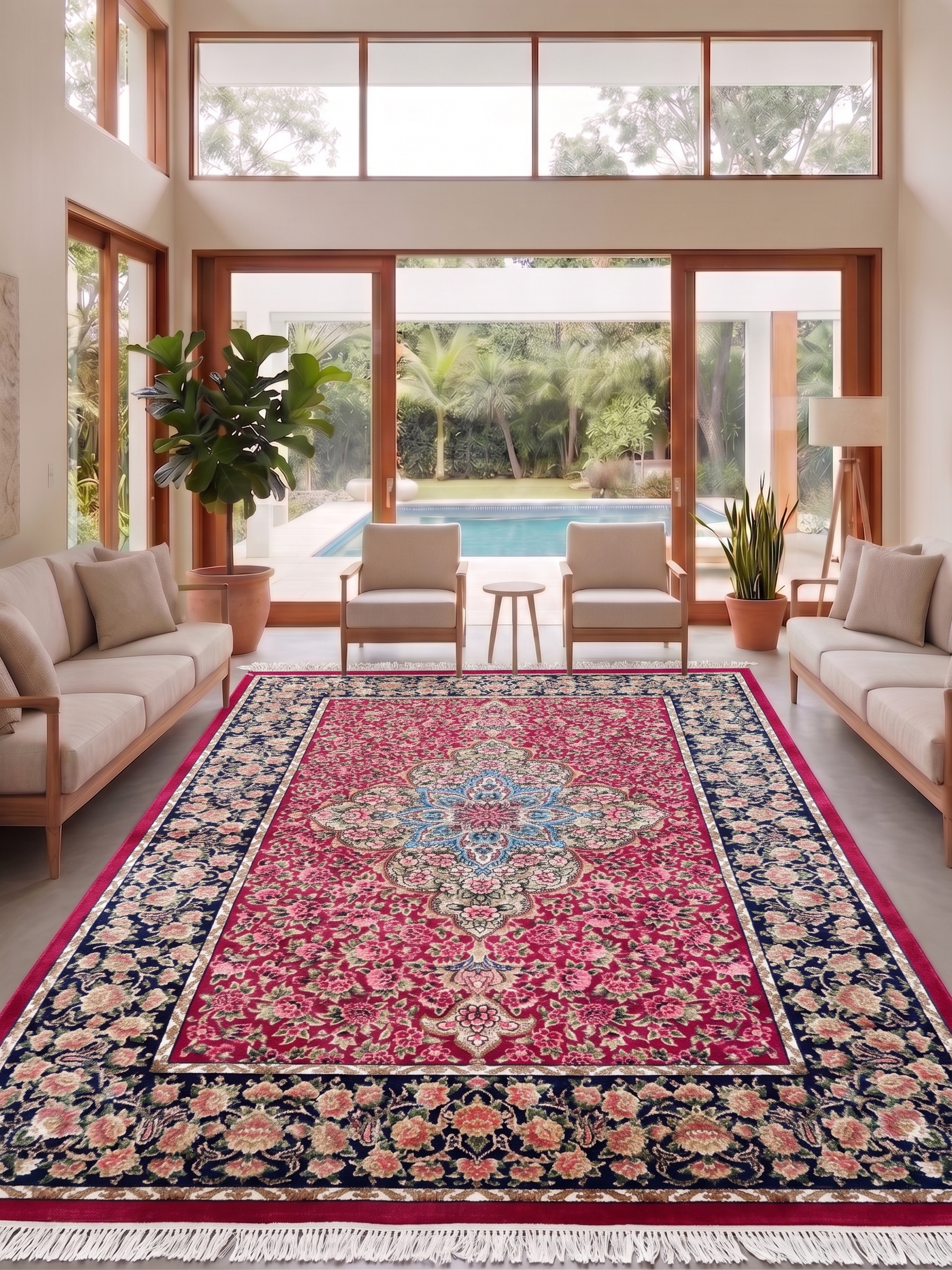 Qum Medallion Floral Crimson, Qum (Qom), Iran bespoke rug, in crimson red, Jute, 91 × 152 cm (3'0" × 5'0"), Nasim Carpets Malaysia — view 2