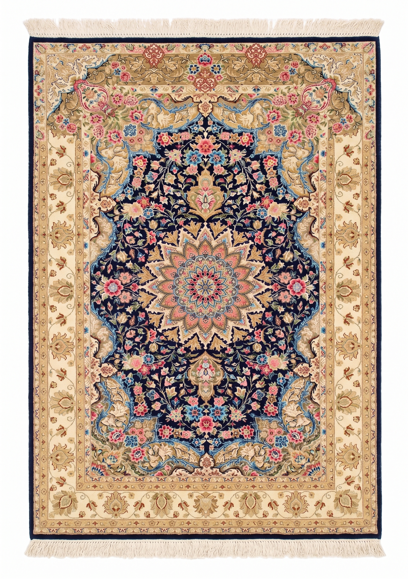 Qum Medallion Floral Navy, Qum (Qom), Iran bespoke rug, in midnight navy, Jute, 91 × 152 cm (3'0" × 5'0"), Nasim Carpets Malaysia