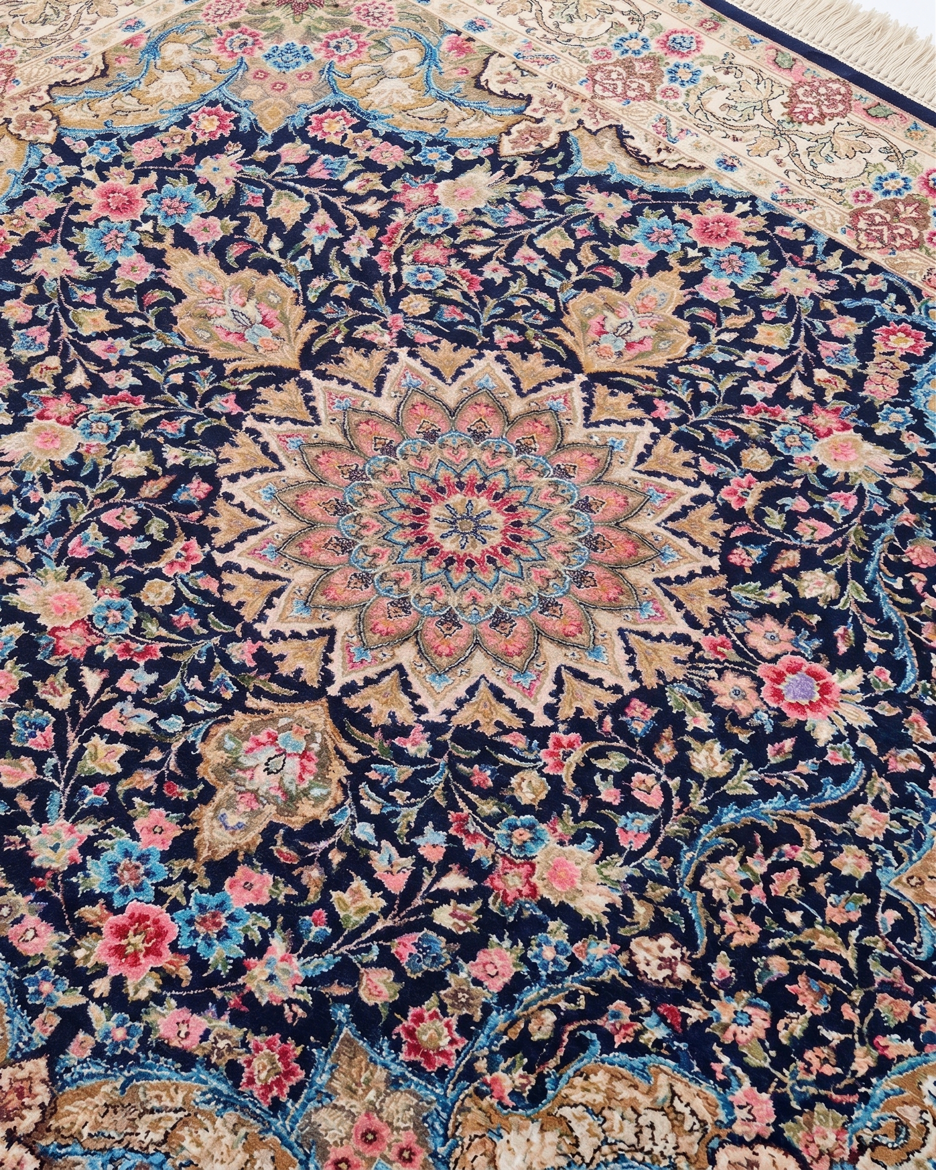 Qum Medallion Floral Navy, Qum (Qom), Iran bespoke rug, in midnight navy, Jute, 91 × 152 cm (3'0" × 5'0"), Nasim Carpets Malaysia — view 3