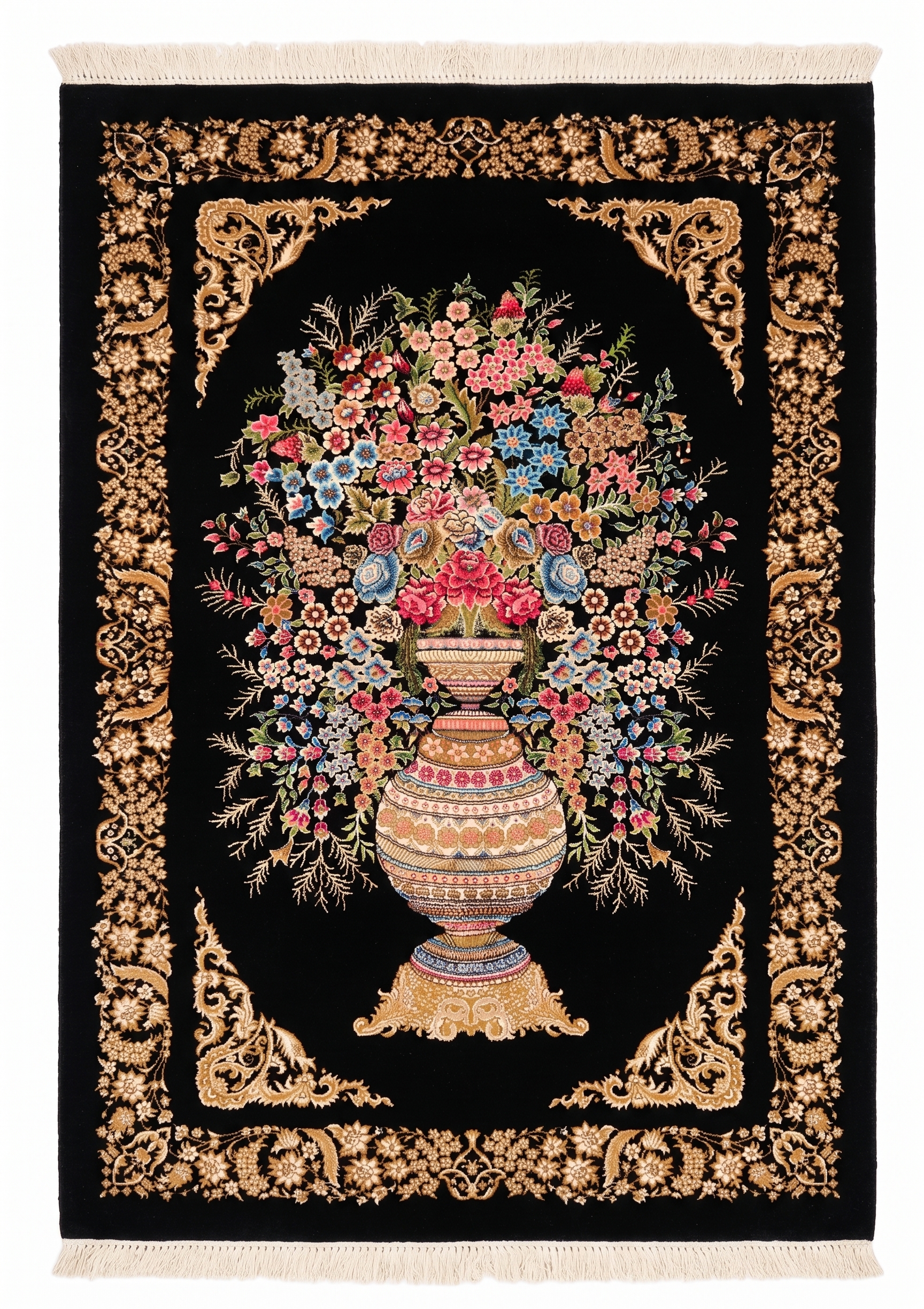 Isfahan Vase Bouquet Black, Isfahan, Iran bespoke rug, in jet black, Jute, 91 × 152 cm (3'0" × 5'0"), Nasim Carpets Malaysia