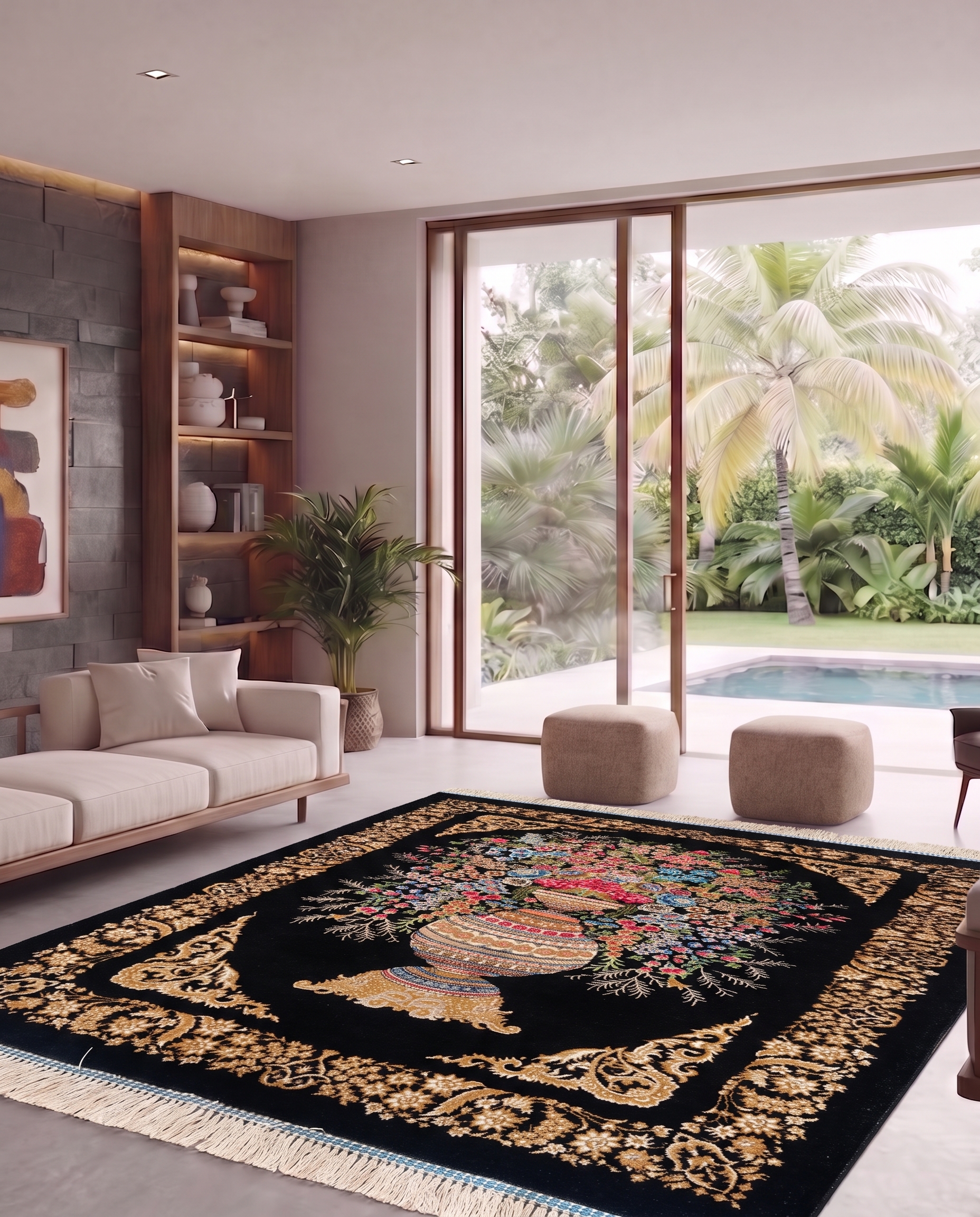 Isfahan Vase Bouquet Black, Isfahan, Iran bespoke rug, in jet black, Jute, 91 × 152 cm (3'0" × 5'0"), Nasim Carpets Malaysia — view 2