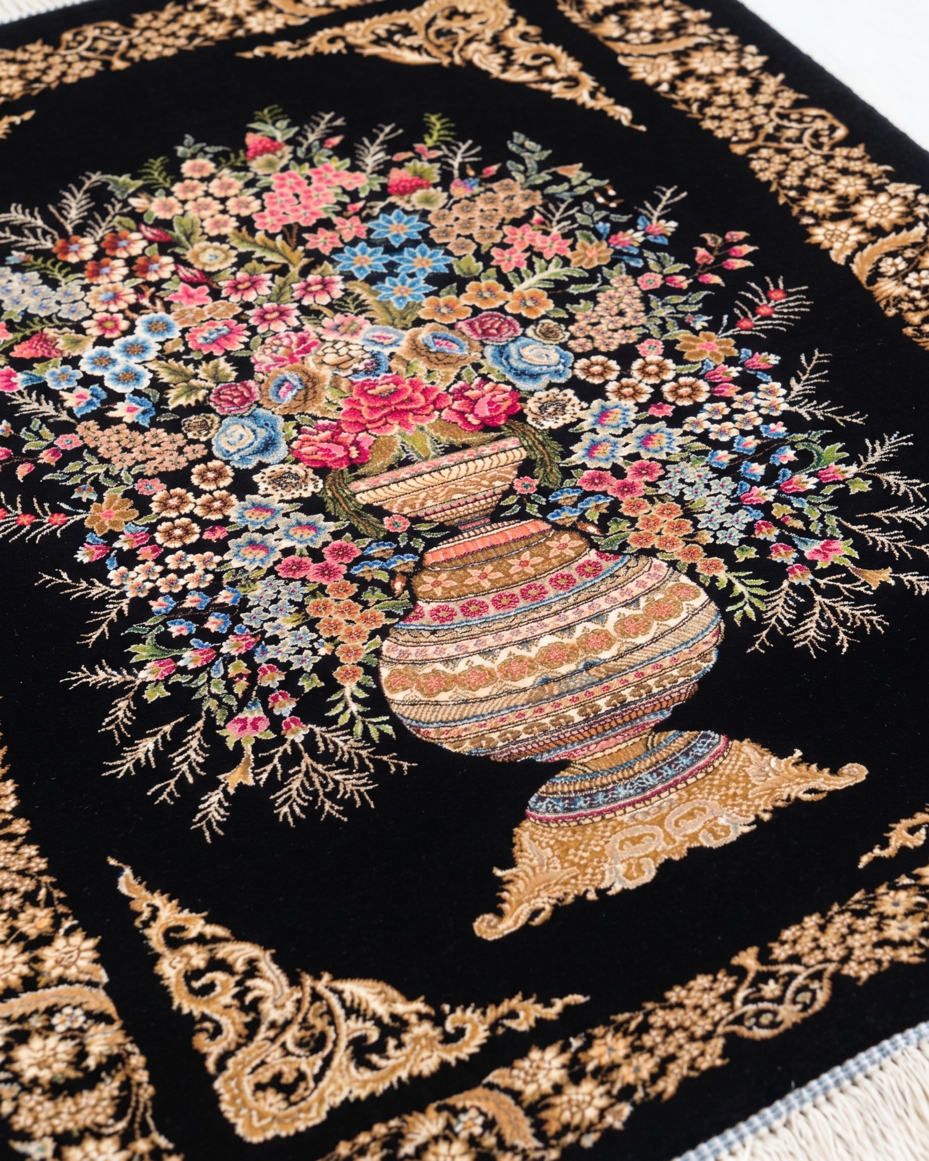 Isfahan Vase Bouquet Black, Isfahan, Iran bespoke rug, in jet black, Jute, 91 × 152 cm (3'0" × 5'0"), Nasim Carpets Malaysia — view 3
